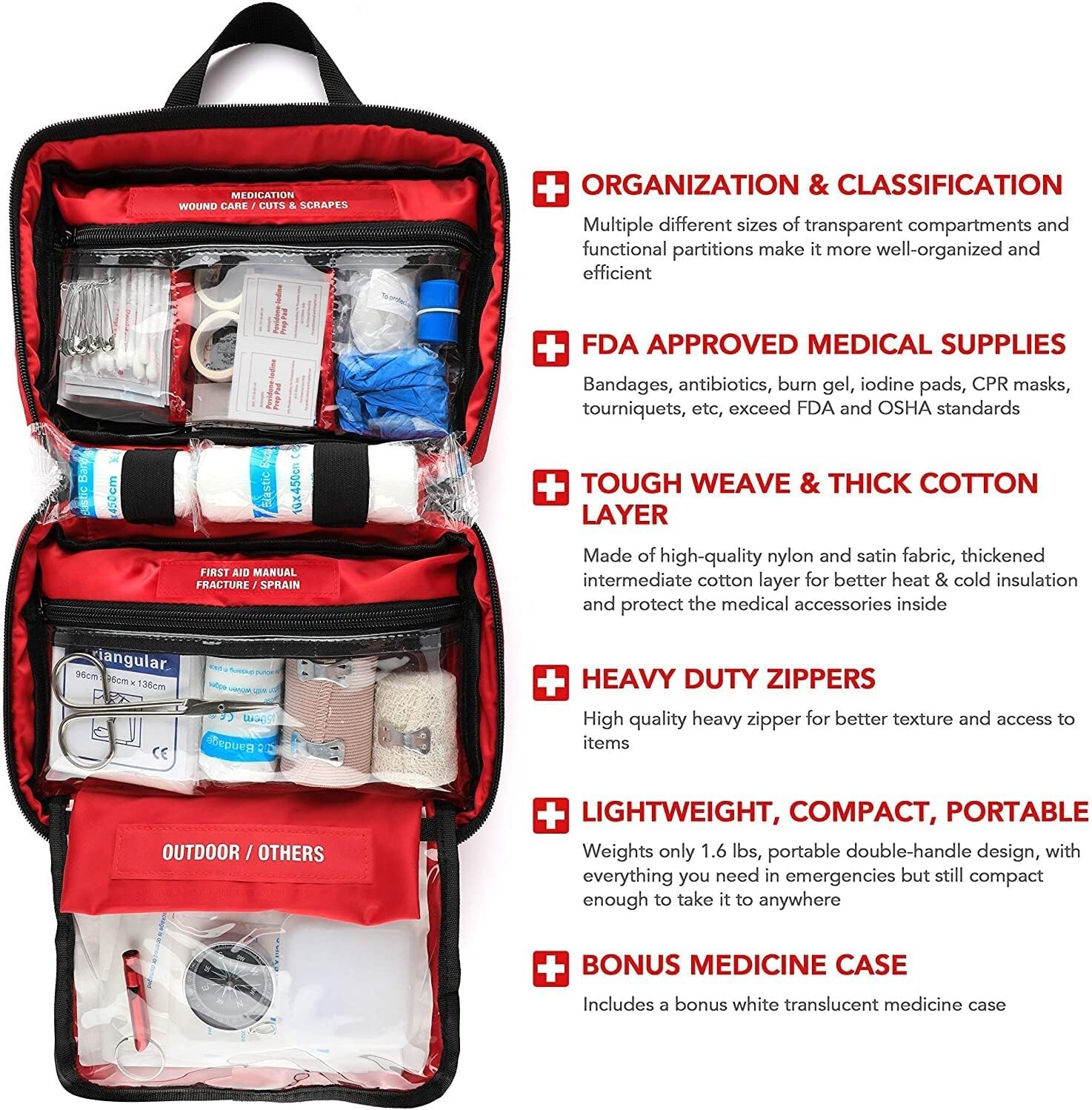 Portable First Aid Kit – 220 Piece – Great for Camping, Hiking, Boating, Travel