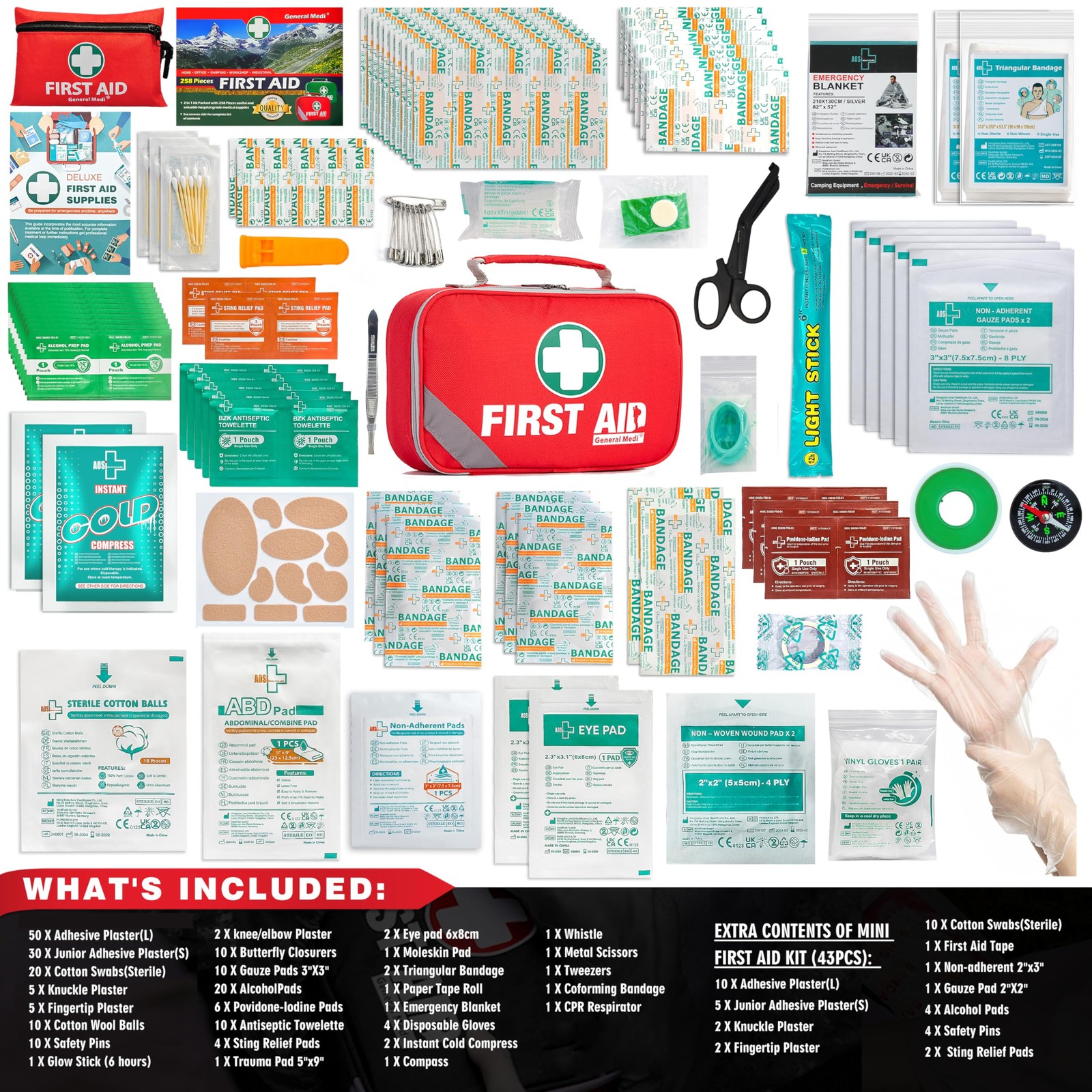 General Medi 2-in-1 First Aid Kit (215 Piece Set) + 43 258 Set, Red
