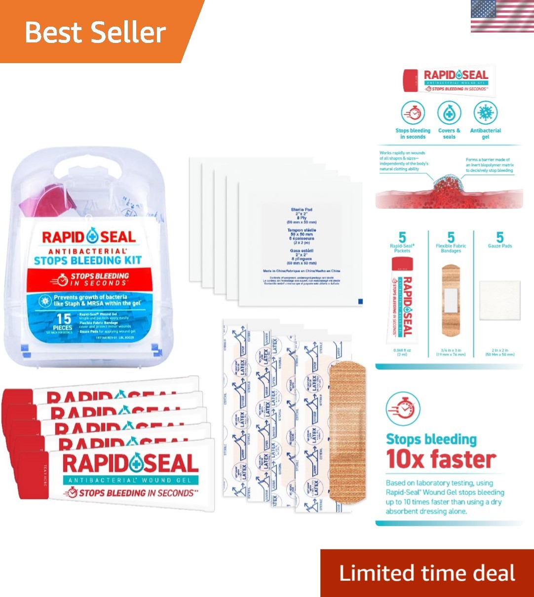 Portable Rapid Seal 15pc Stop Bleeding Kit for Trauma & Emergency Preparedness