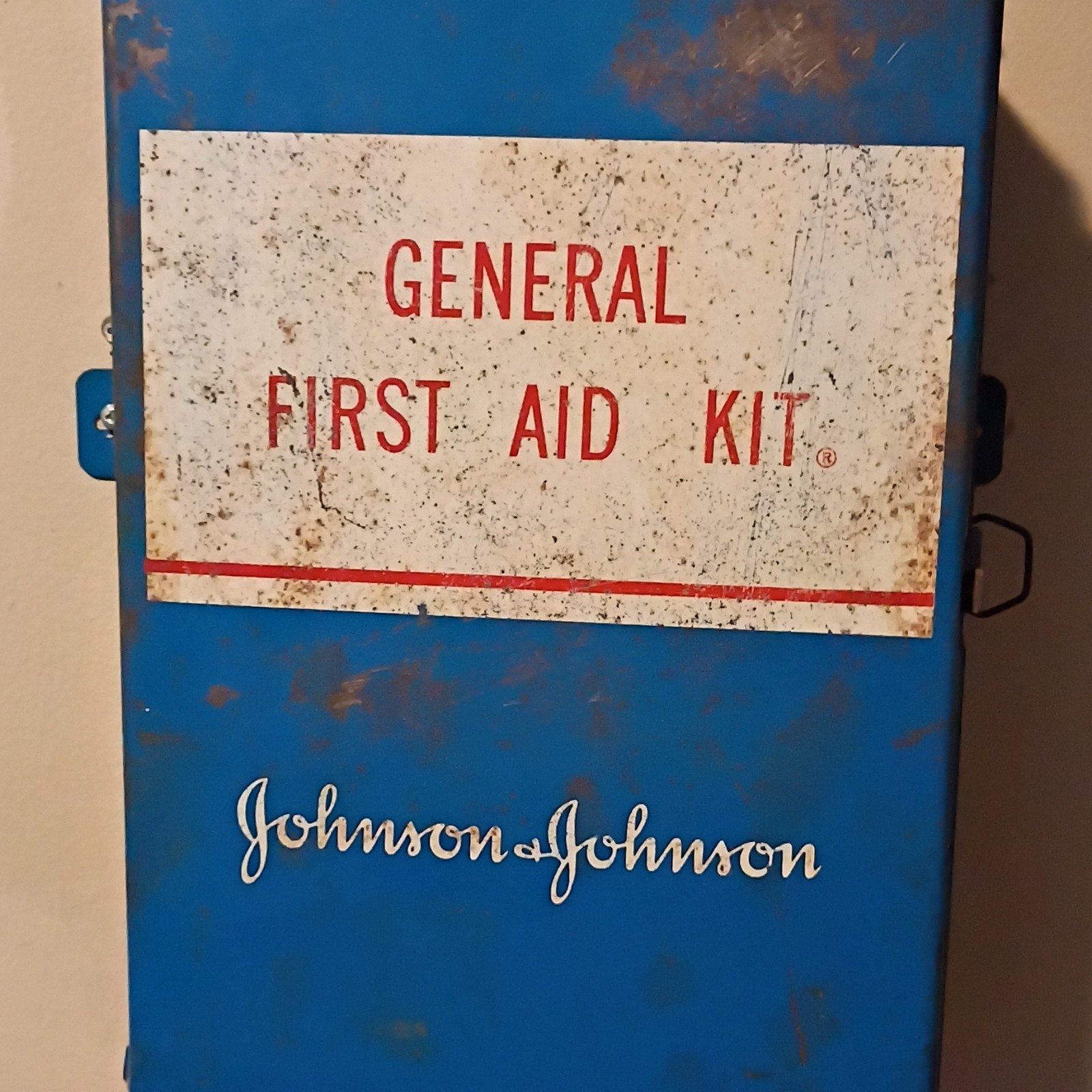 Vintage Johnson & Johnson First Aid Kit with Blue Metal shelves
