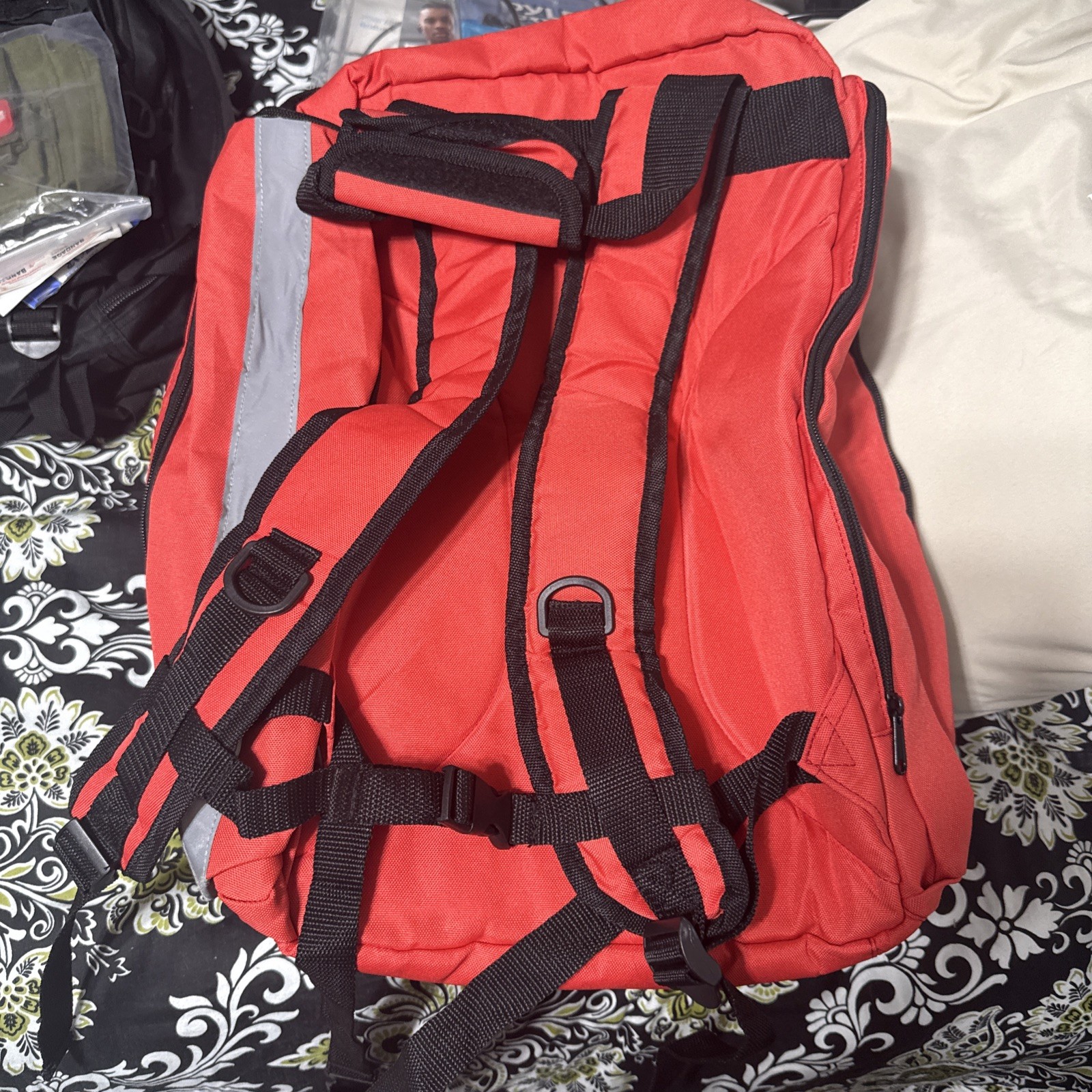Red Portable First Aid Backpack Bag w/ Star of Life Symbol & Reflective Strip