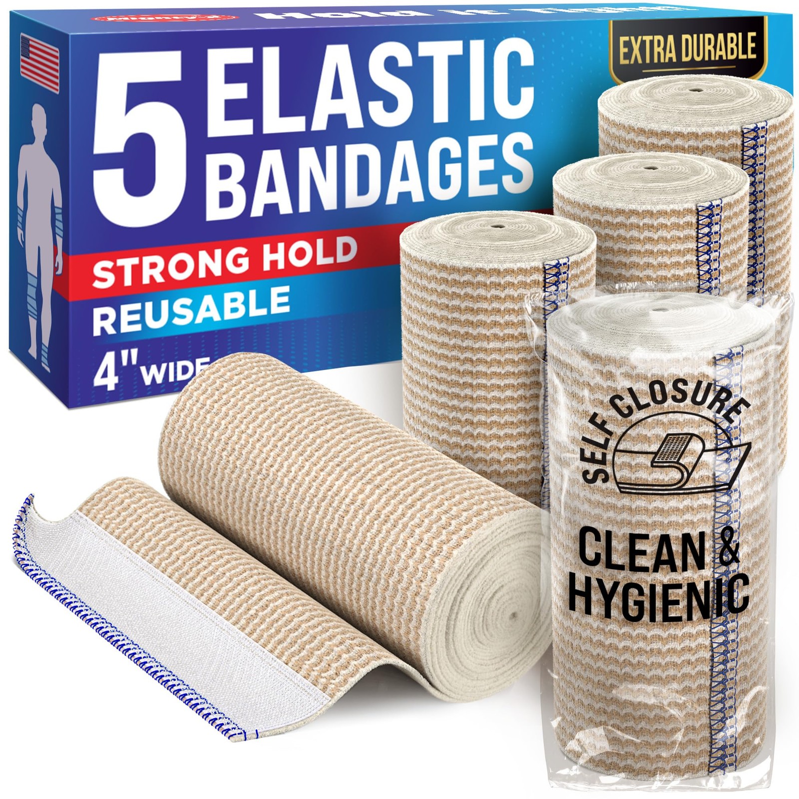 High-Performance Elastic Bandage Wrap – 4” (5pk) – Self-Closing 5 Pack, Beige