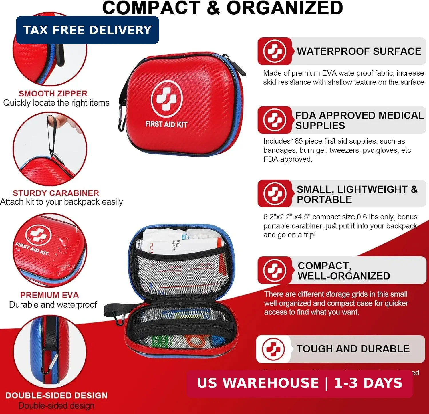 Small First Aid Kit – 185 Pieces Waterproof Emergency Kit for Home, Car, Office,