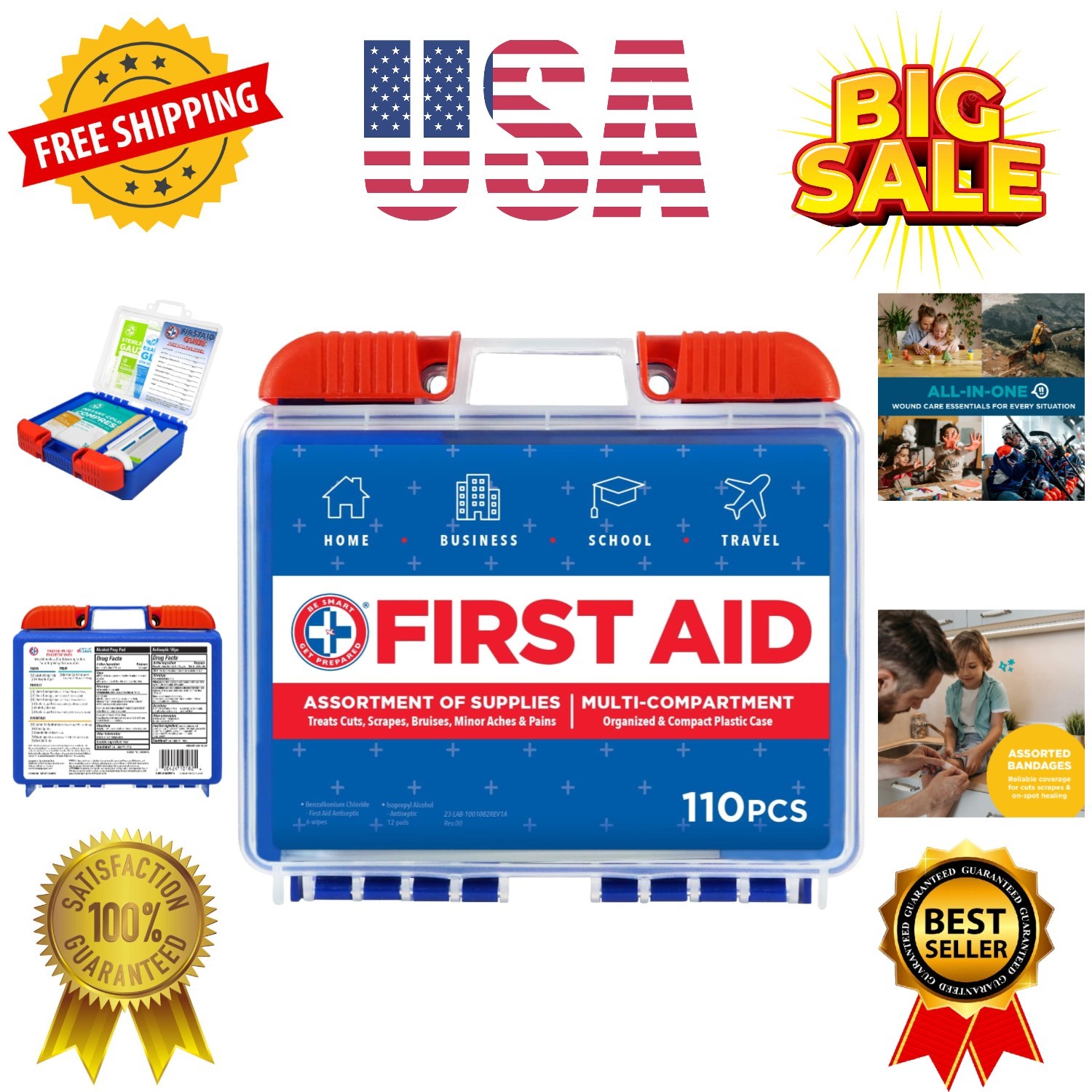110 pc First Aid Kit: Clean, Treat, Protect Minor Cuts, Home, Office, Car, Sc…