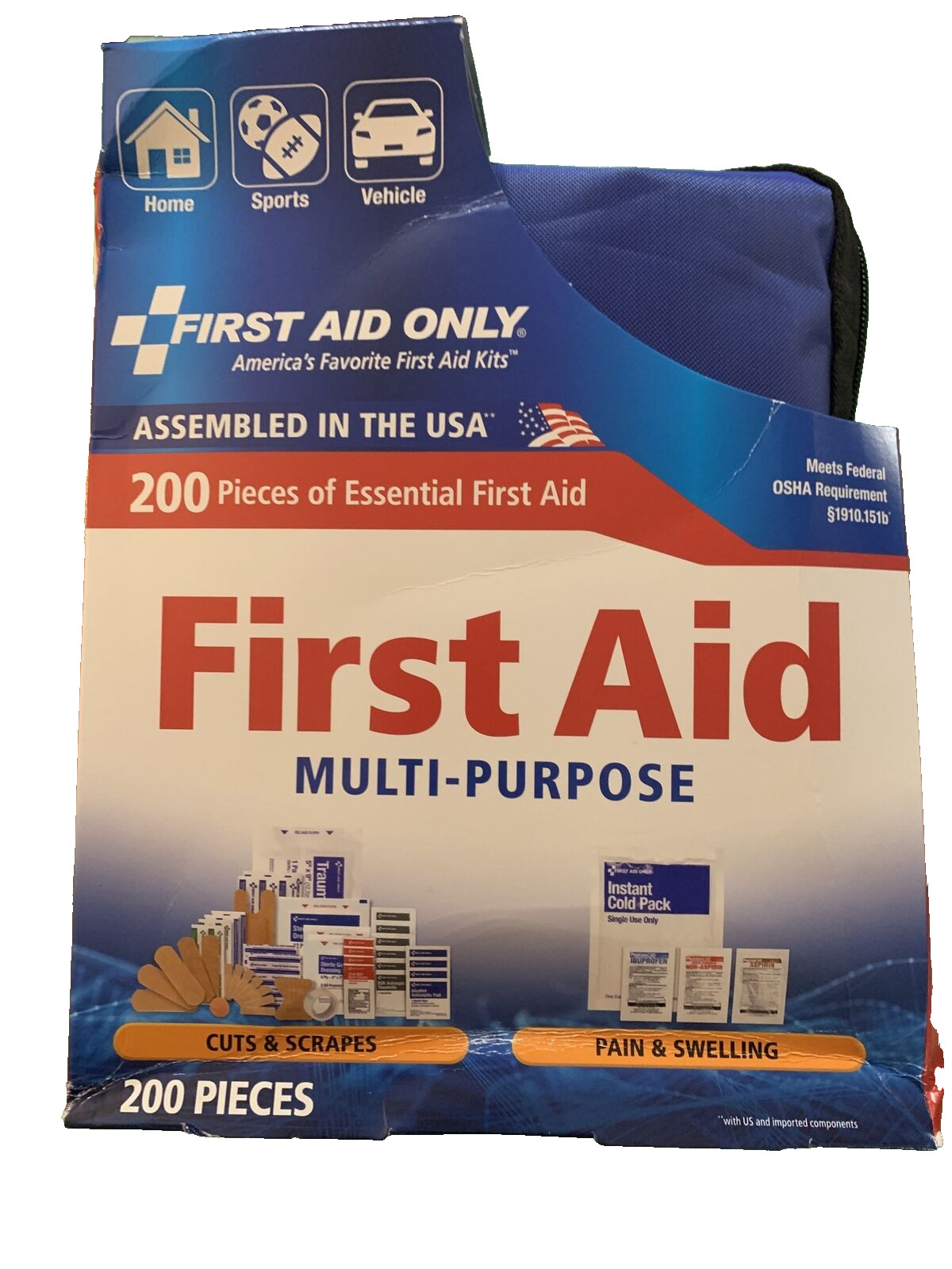 First Aid Only Kit Essentials Bandages Wound Closure Gauzes Pain Relief Burn