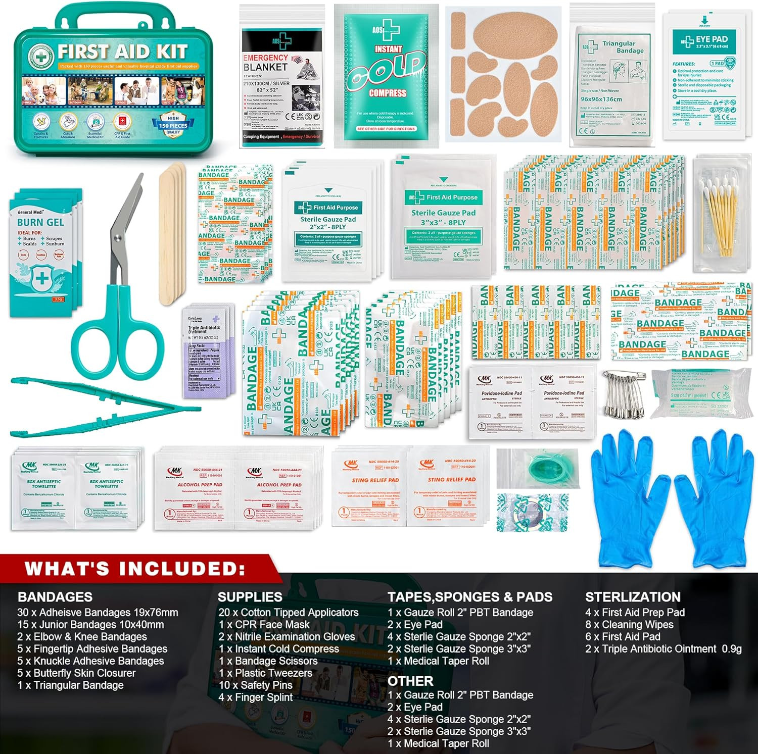 150 Pieces First Aid Kit – First Aid Box Contains Premium Medical Supplies
