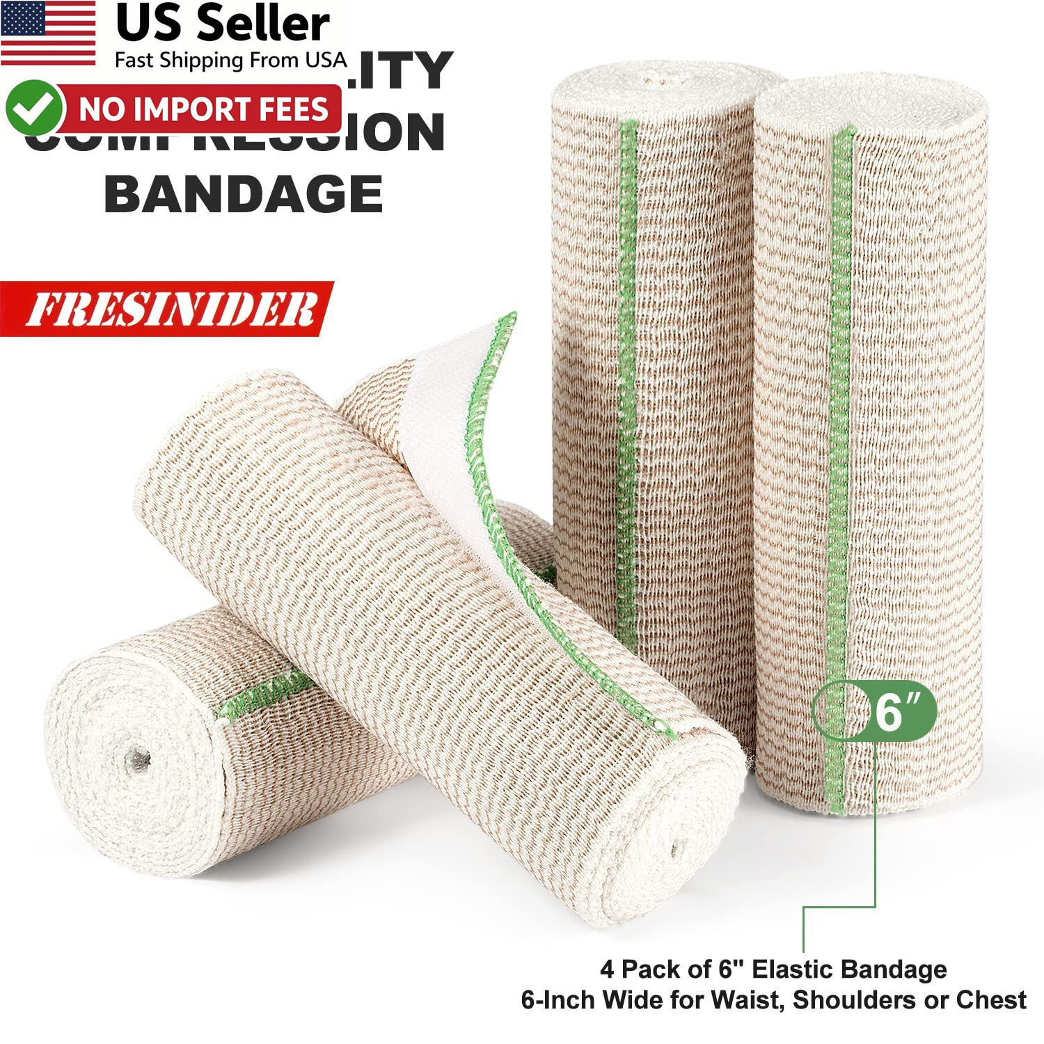 FRESINIDER 6" Elastic Bandage Wrap 4 Pack Cotton Compression Touch Close FROM US