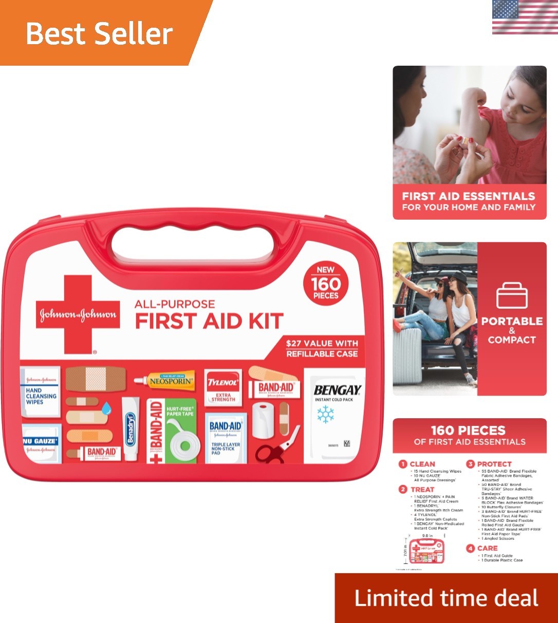 BAND-AID Portable First Aid Kit – 160-Piece Compact Solution for Minor Injuries