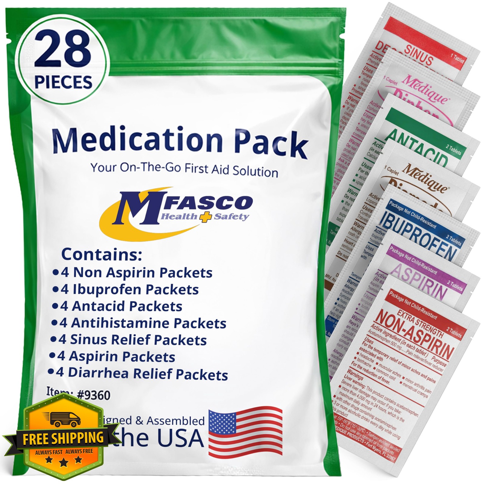 MFASCO Travel Medicine Kit 7-in-1, TSA Approved OTC Packets Cruise Office