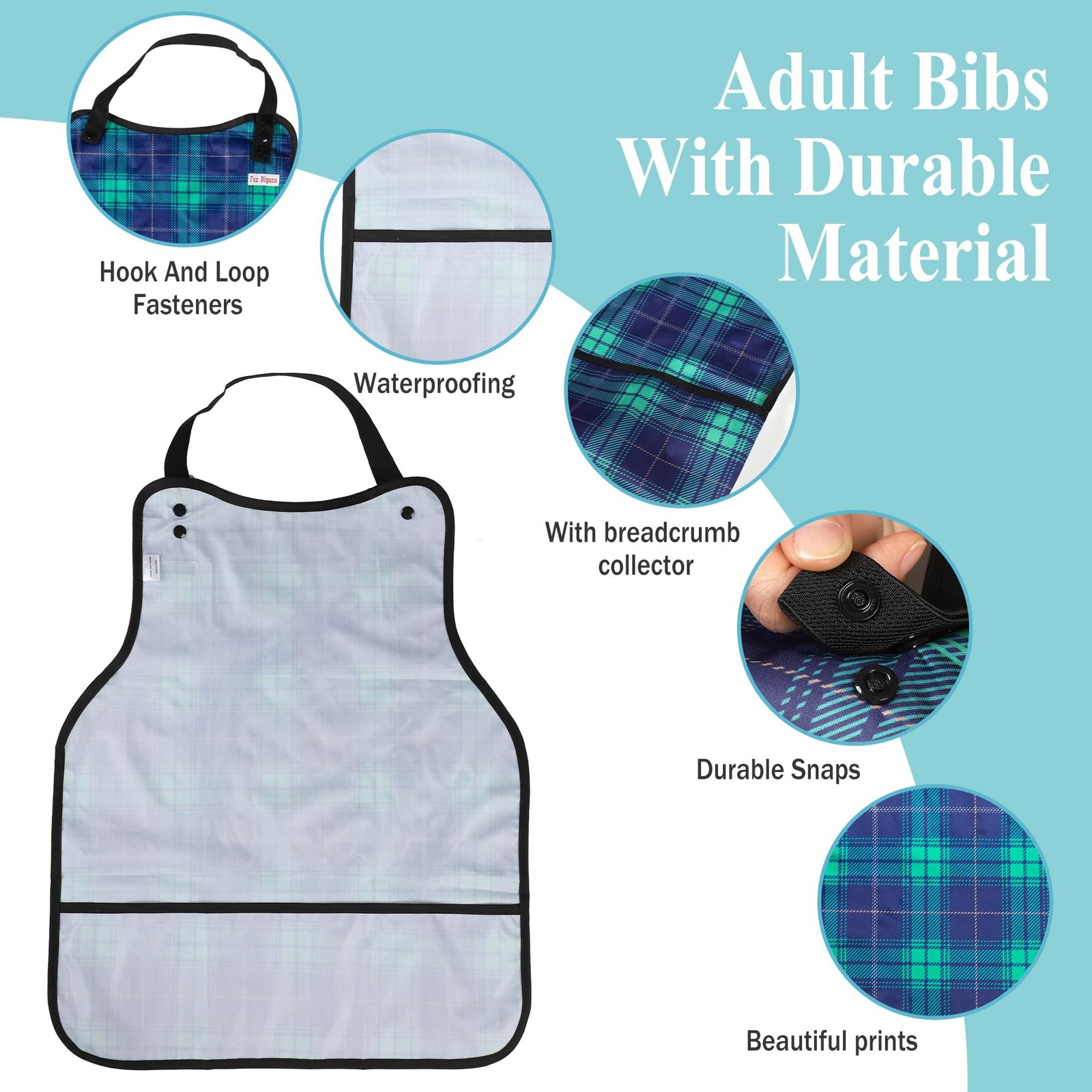 3 Pack Adult Bibs for Men, Washable Clothing Protector with Large, Check