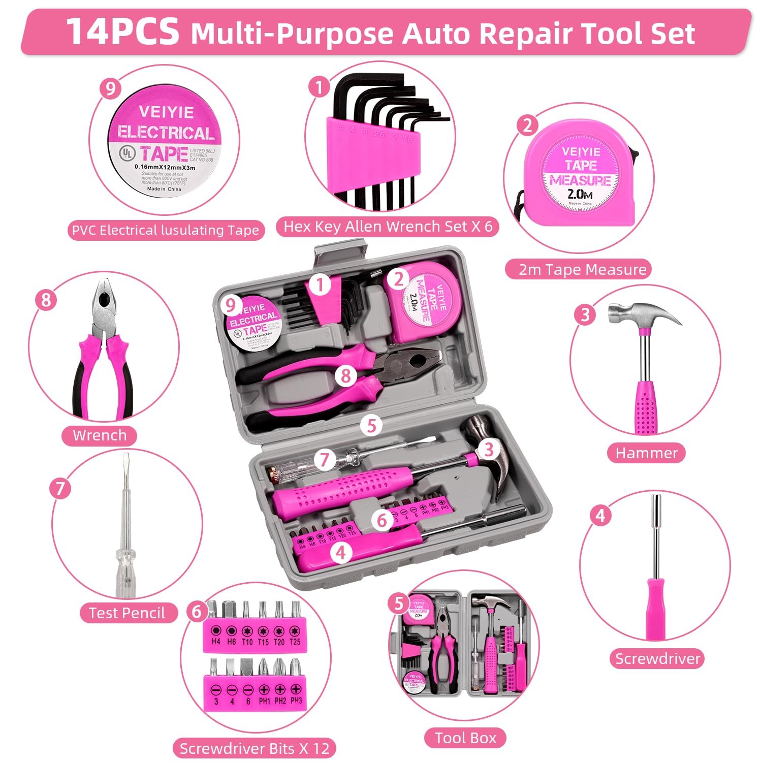 VEIYIE Roadside Emergency Car Kit for Essential + Repair Tool Set, Pink