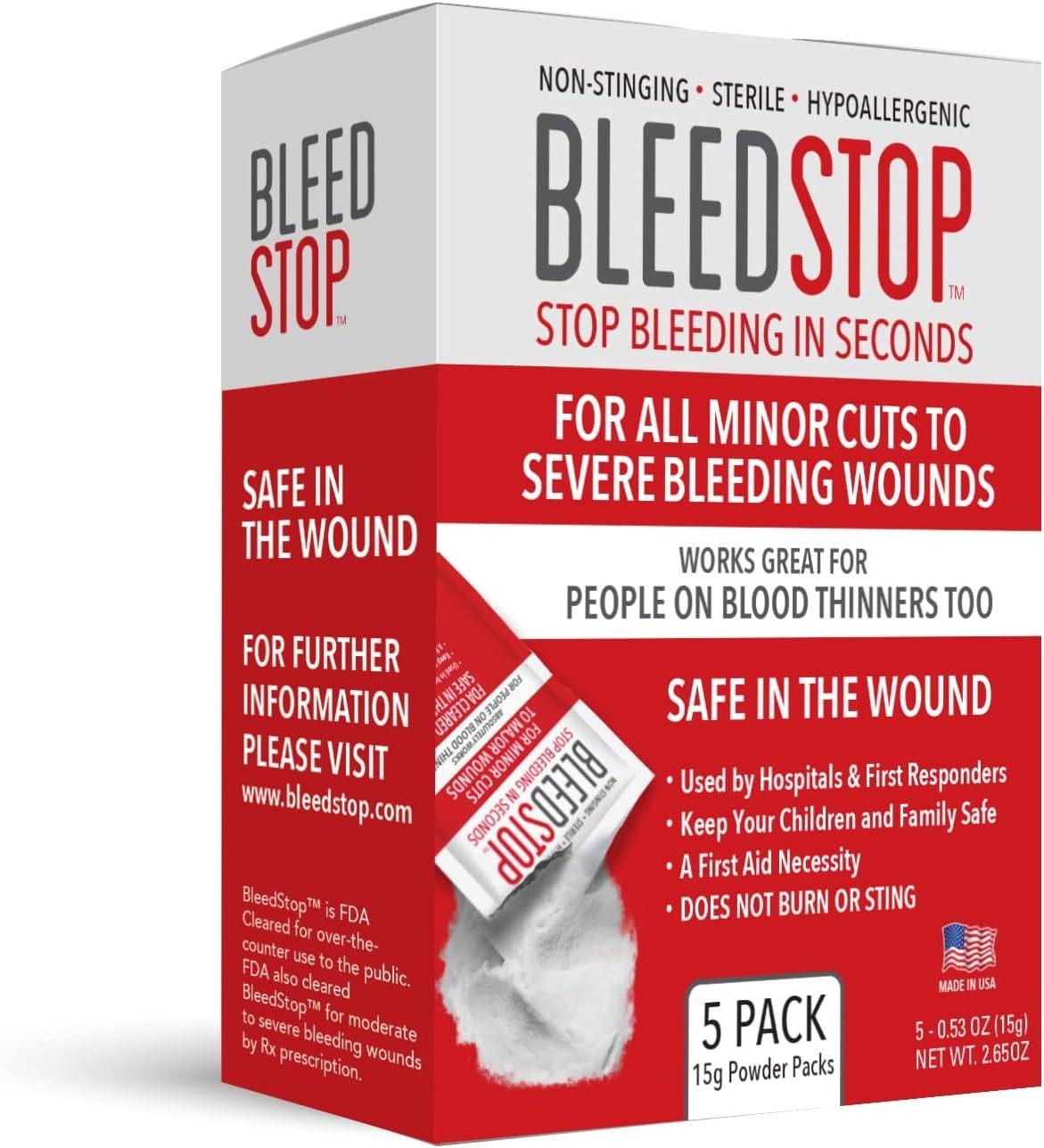 BleedStop™ First Aid Powder for Blood Clotting, Trauma Kit – 5 PK (15g) Pouches