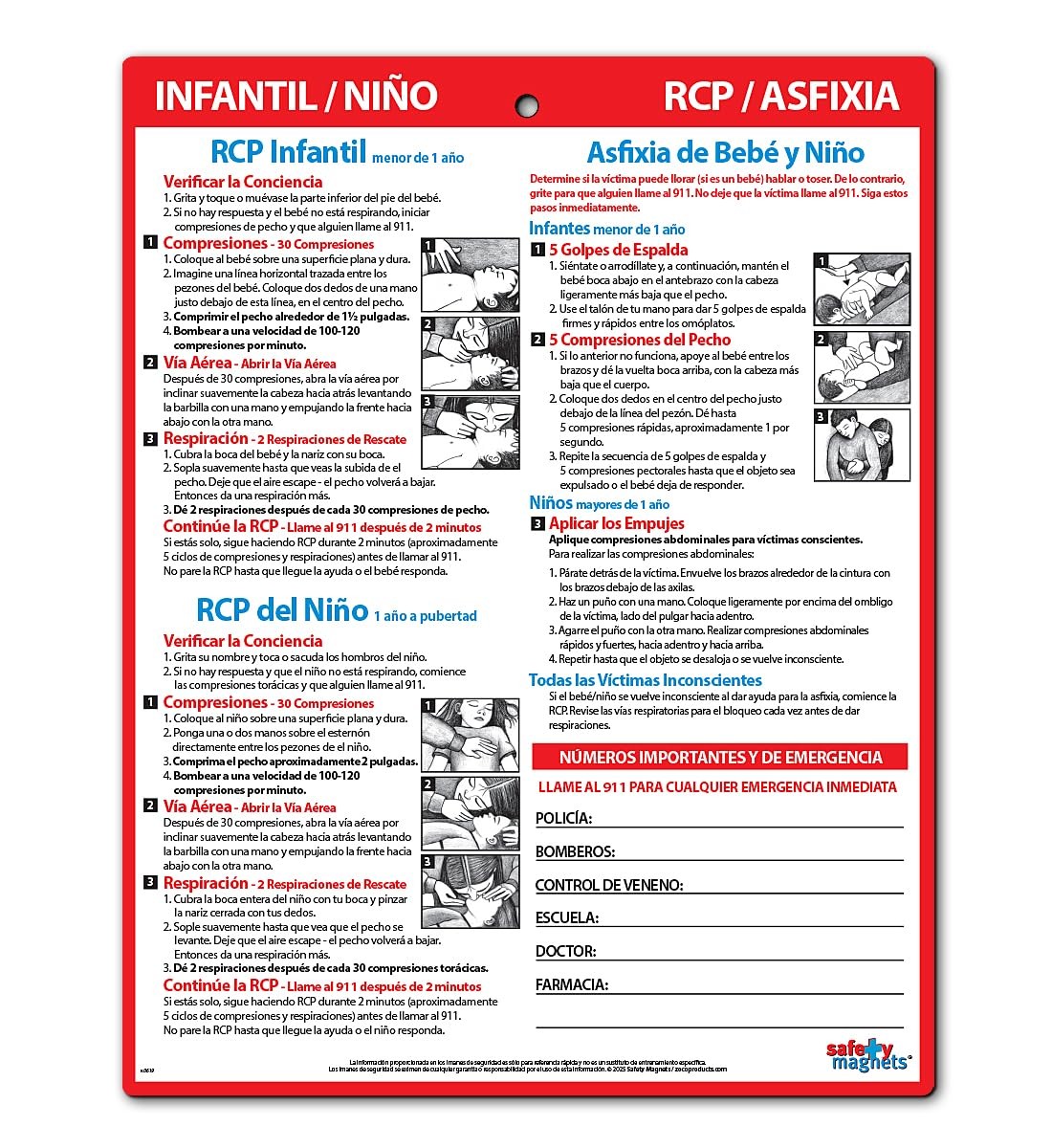 Safety Magnets by ZOCO – Spanish CPR & Choking First Aid Magnet 1-Pack, Red