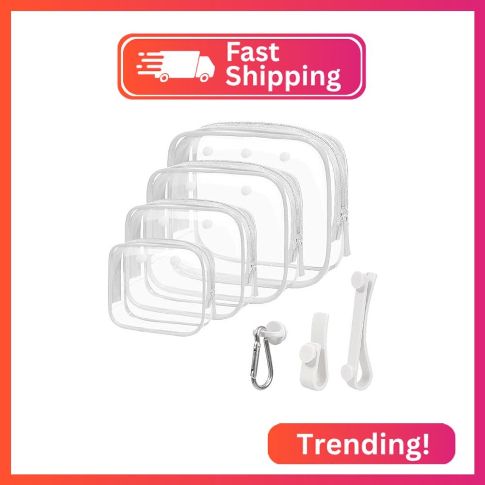 4 Pack Clear Toiletry Bags, Portable Travel Makeup Pouch with Zipper, TSA Approv