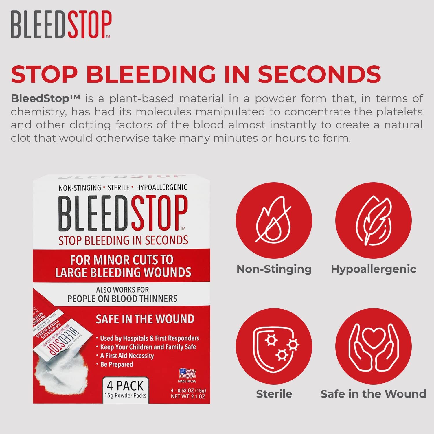 BleedStop™ First Aid Powder for Blood Clotting, Trauma Kit, 4 (15g) Pouches