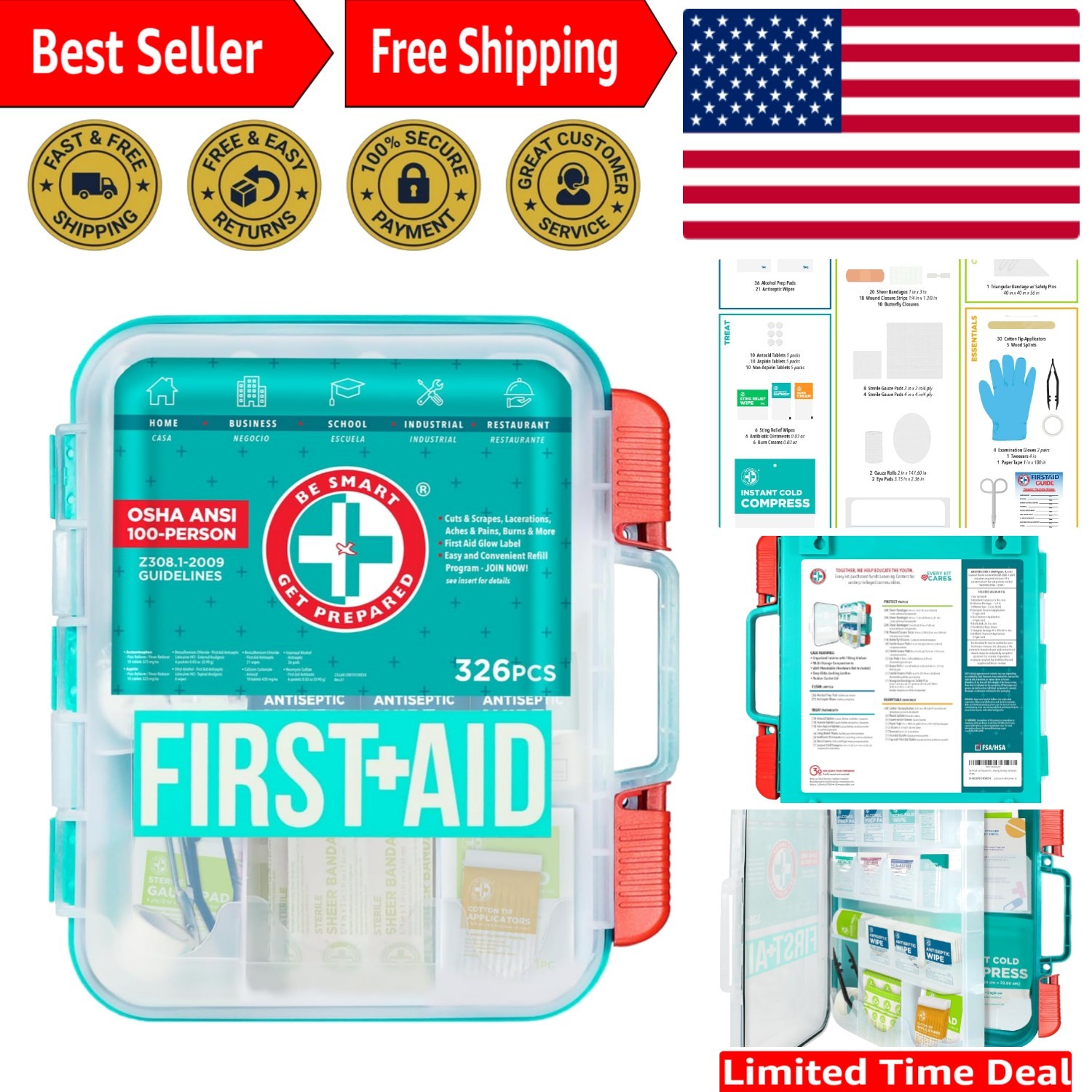 Organized 326-Piece First Aid Kit – Quick Access for Family & Workplace Safety