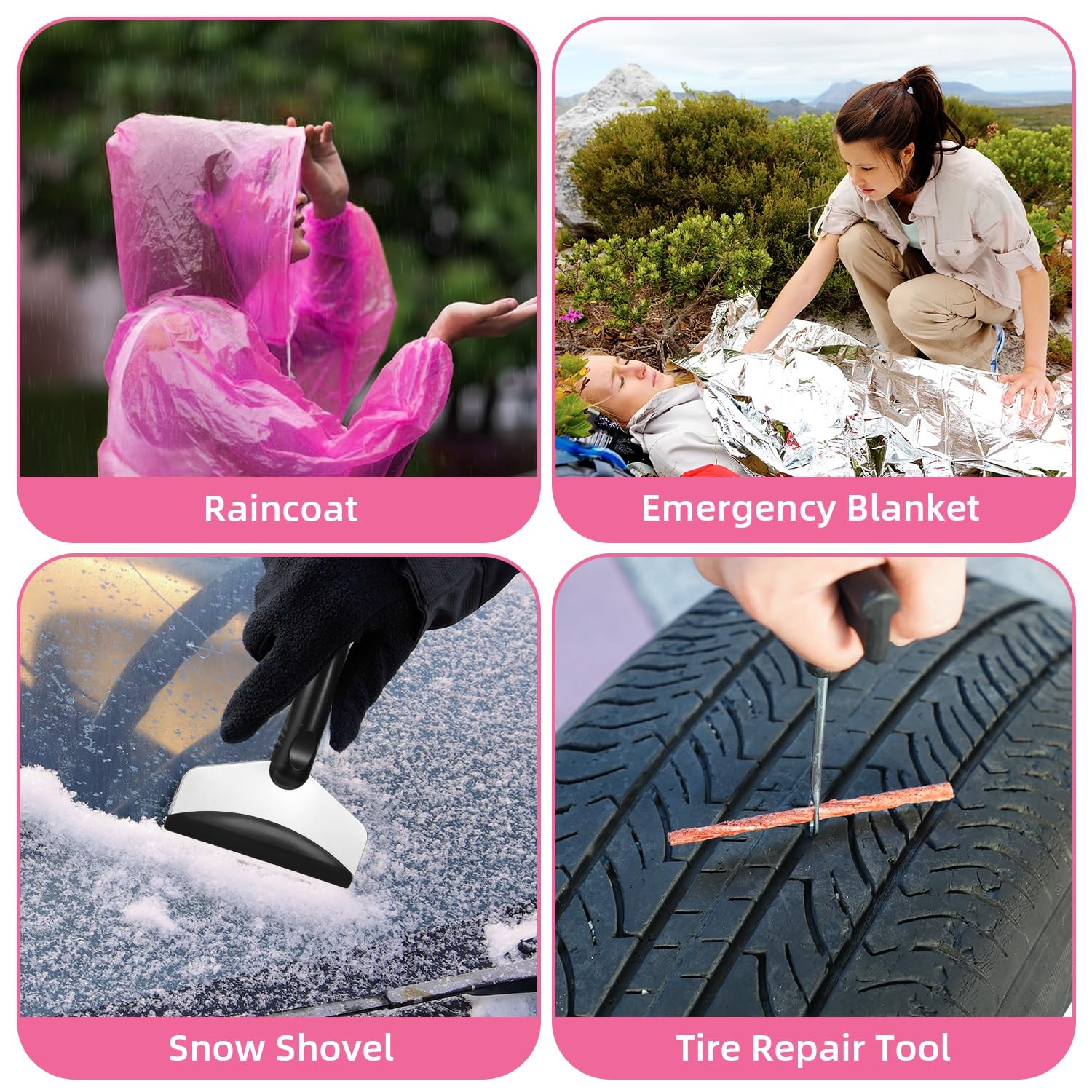VEIYIE Roadside Emergency Car Kit for Essential + Repair Tool Set, Pink