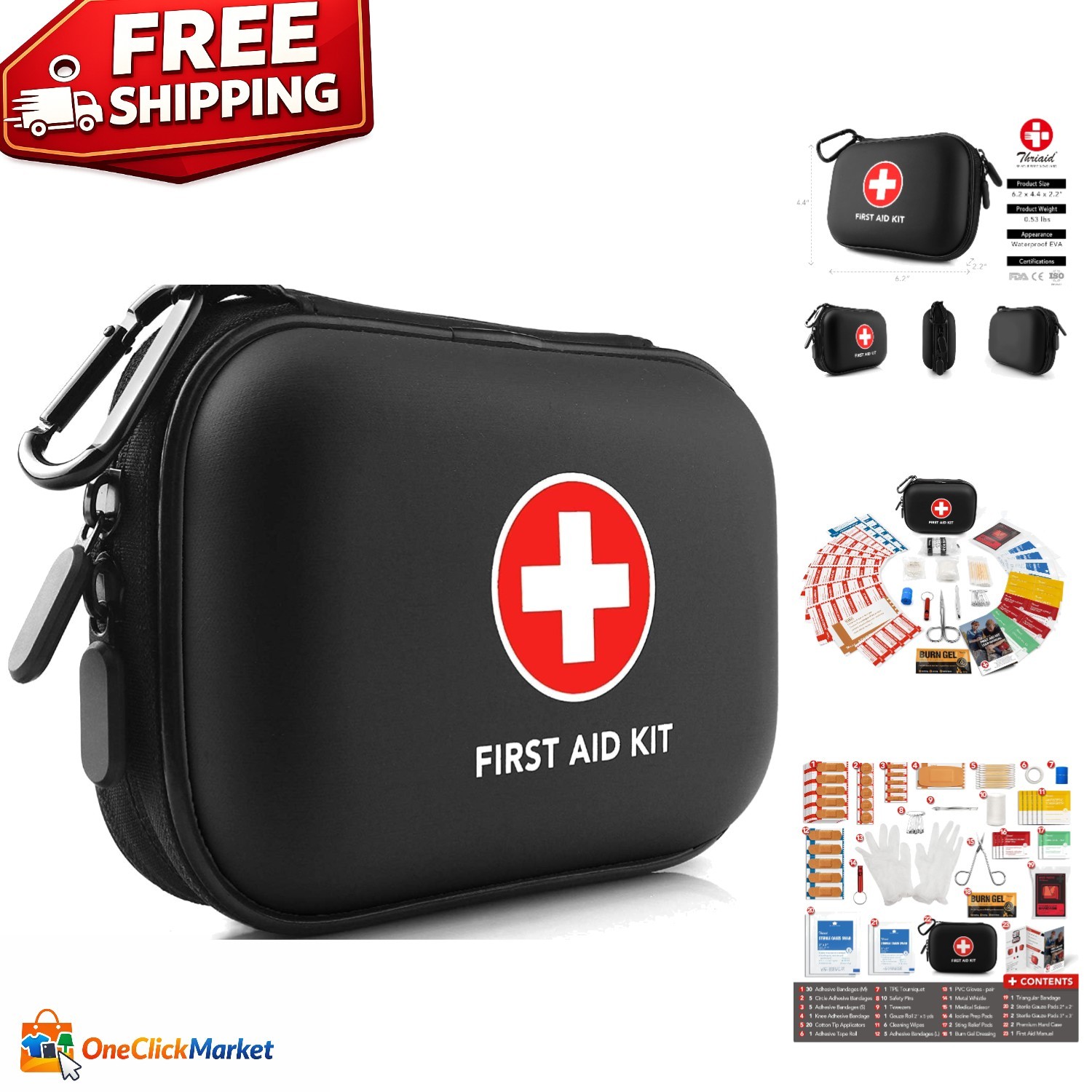 Essential First Aid Kit – 100 Hospital-Grade Supplies in Black Waterproof Case