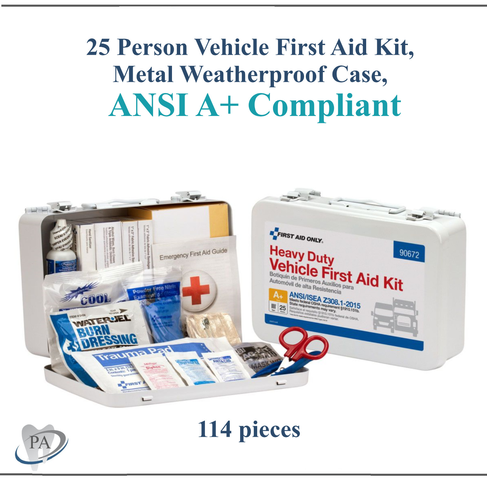 25 Person ANSI A+ Compliant Heavy Duty Vehicle First Aid Kit, 114/Ps Metal Case