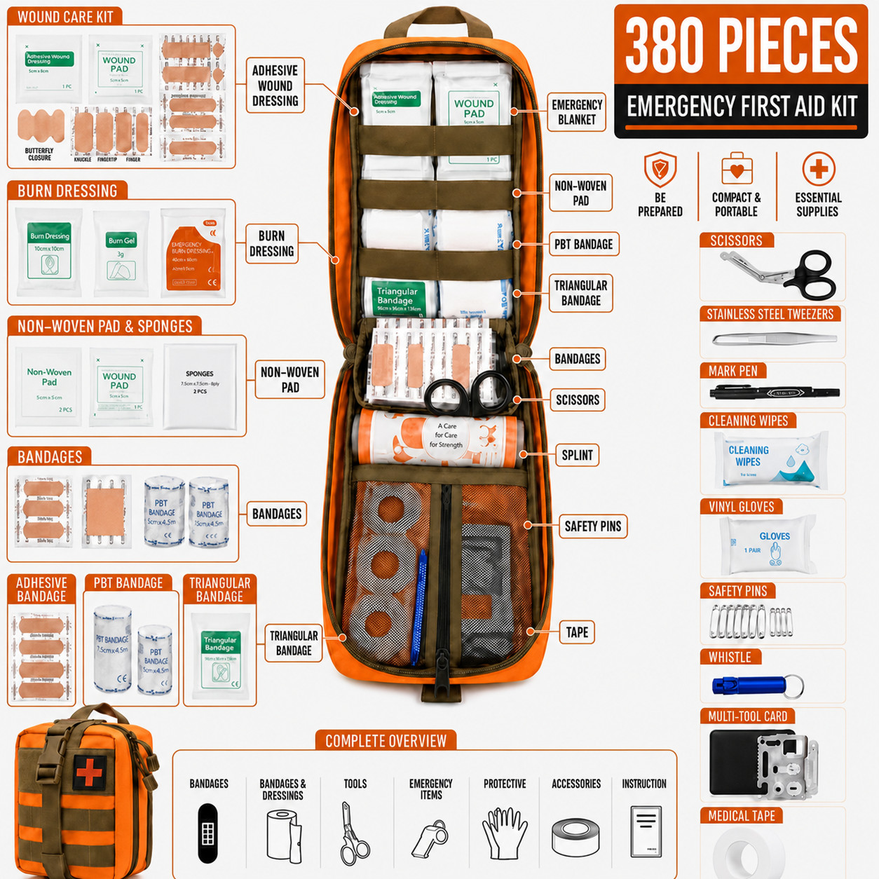 380-piece first aid kits for home, car, office, outdoor camping, hiking,