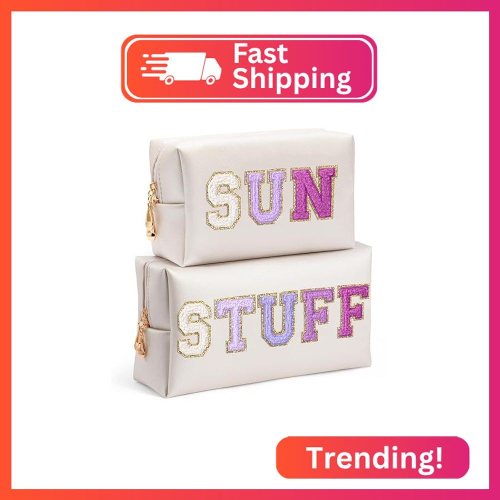 AsodSway Preppy Patch Cosmetic Bags – Summer Gift 2P Purple STUFF SUN Chenille L