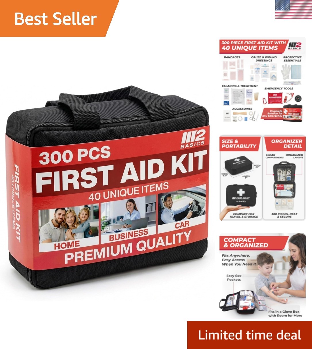 300 Piece Professional First Aid Kit, 40 Unique Items, Durable Carry Bag for …