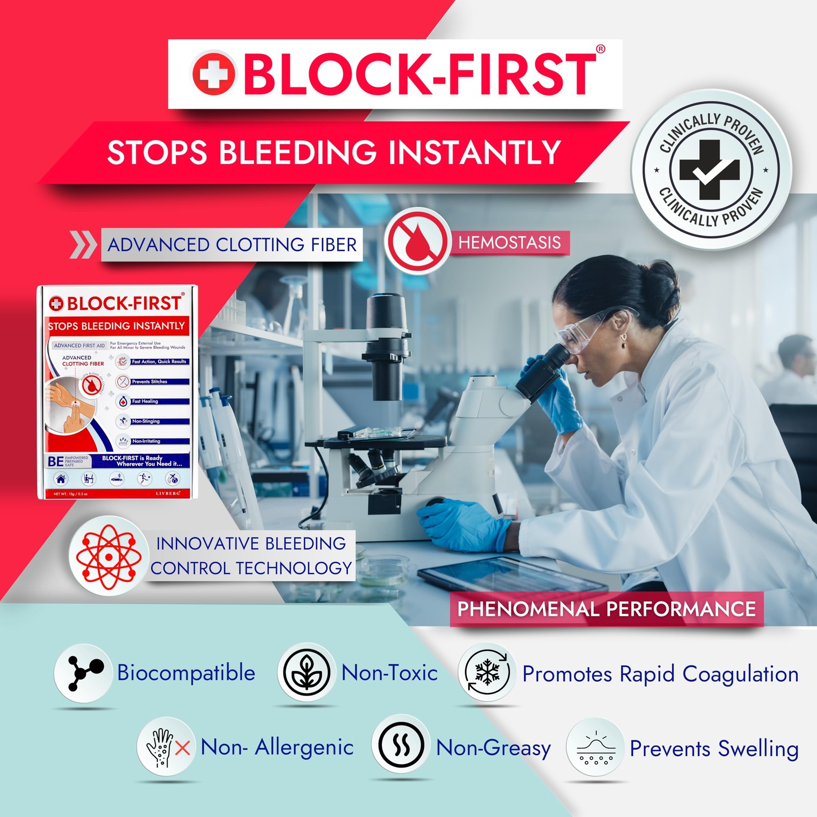 BLOCKFIRST Advanced First Aid Kit– Stops Bleeding Instantly & Prevents Stitch…