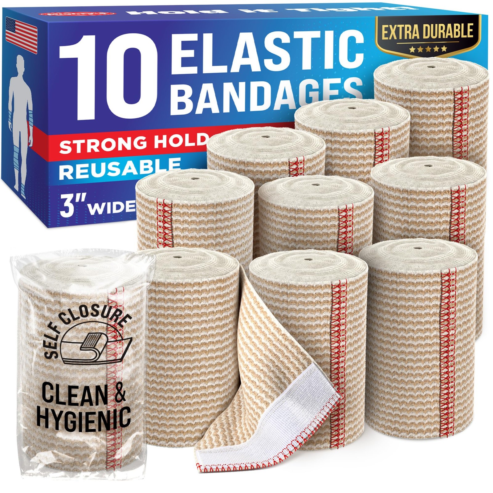 Premium Elastic Bandage Wrap – 3” (10pk) – Strong Compression 10 Pack, Beige