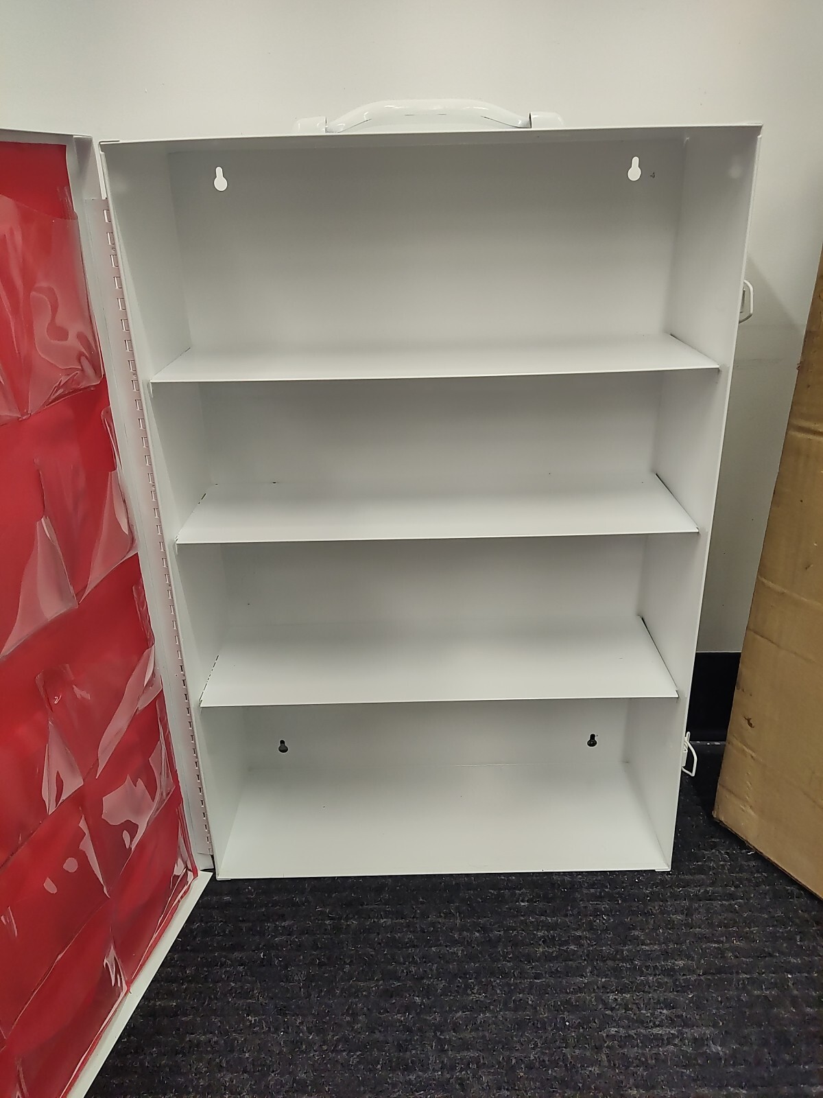 First Aid Cabinet w/ Handle New in Box 4 Shelf & Door Pockets (Empty) Never Used