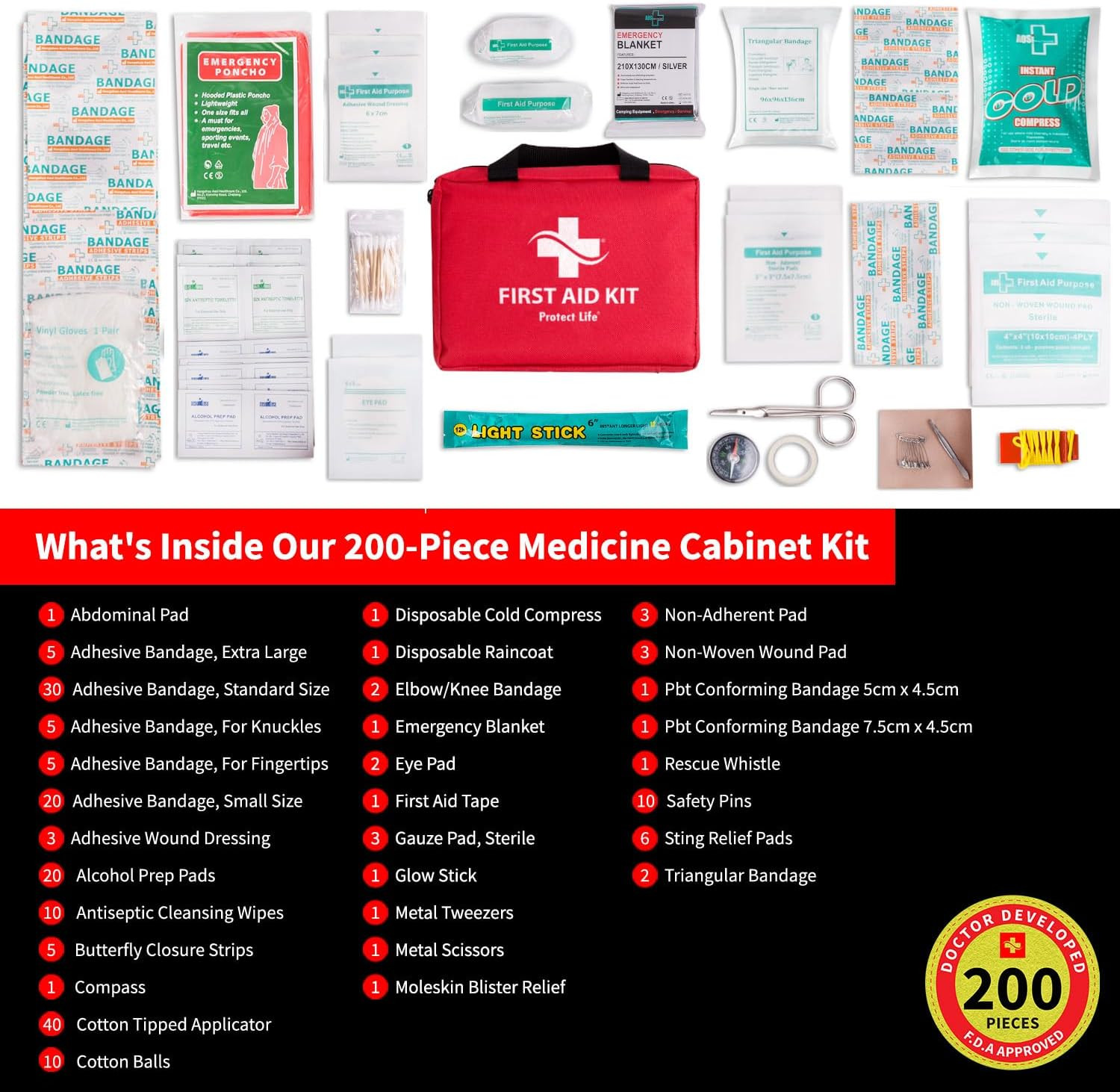 200 Pcs First Aid Kit, Emergency Kit for Office Setting, Medical Kit Supplies