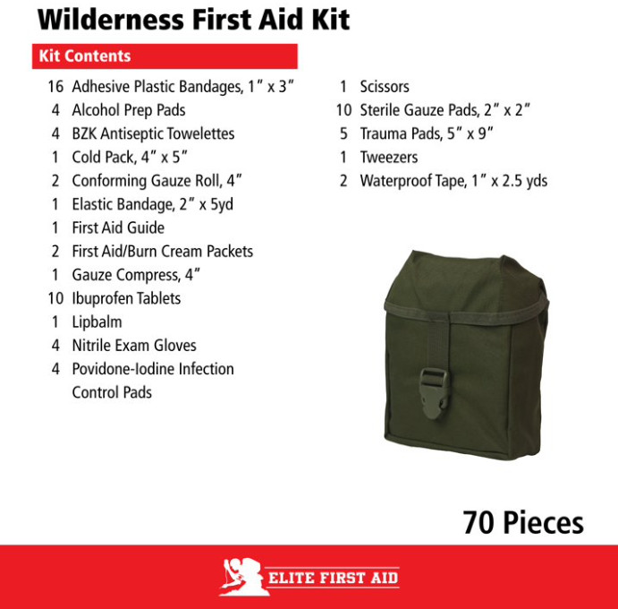 Elite Wilderness First Aid Kit, 70 Pieces, Emergency Medical Supplies