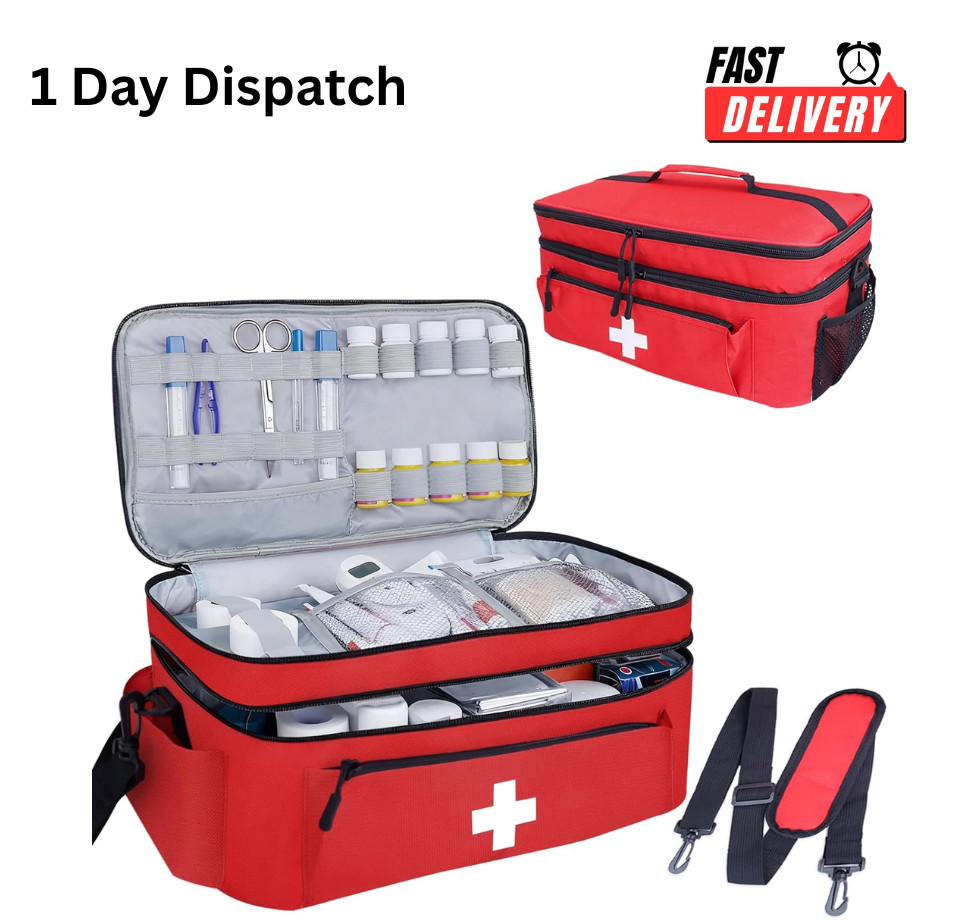 Large Empty First Aid Bag Medical Storage Organizer 16" Travel Red