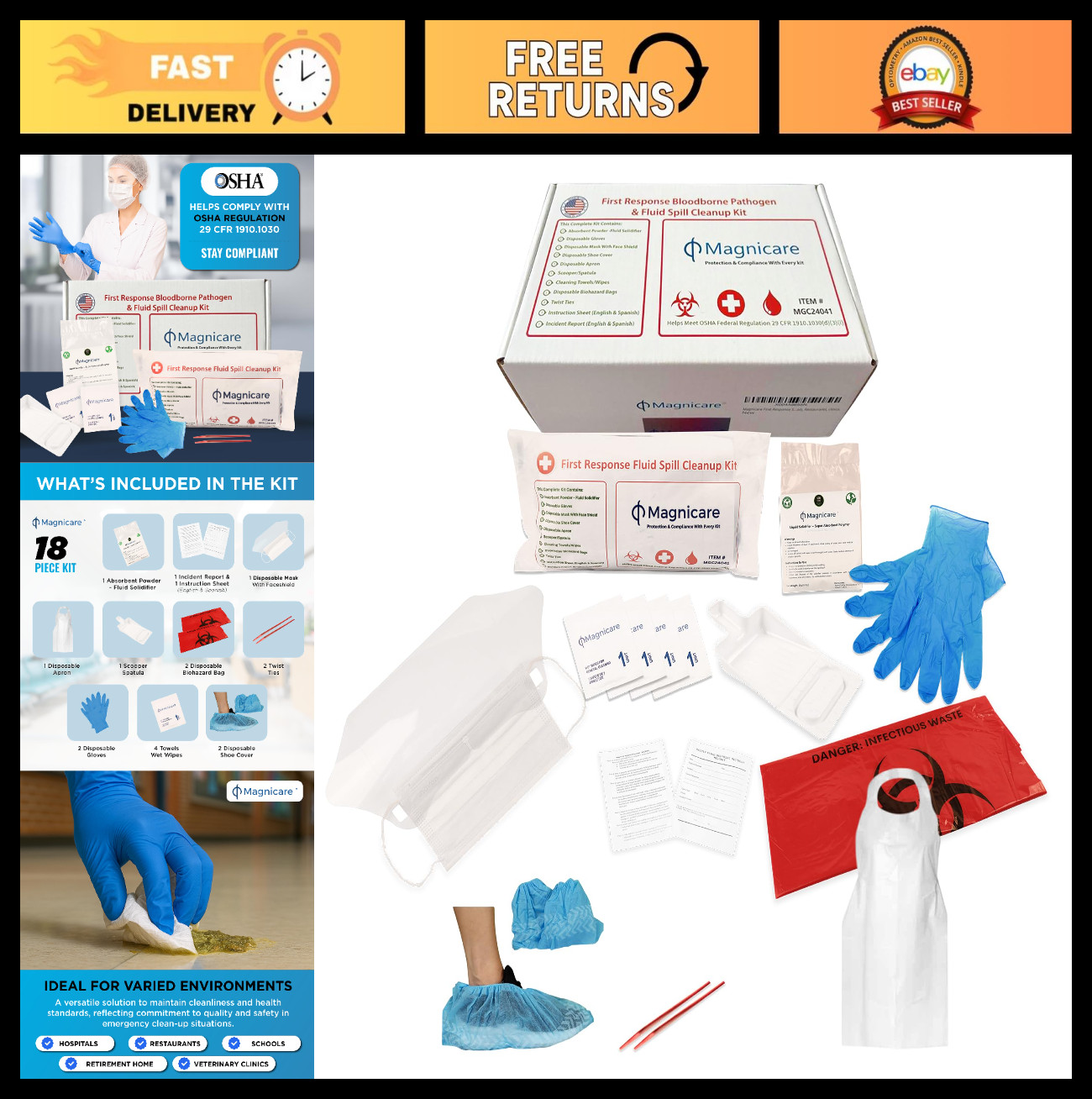 Comprehensive Bodily Fluid Clean Up Kit – OSHA Compliant Spill Response Pack for