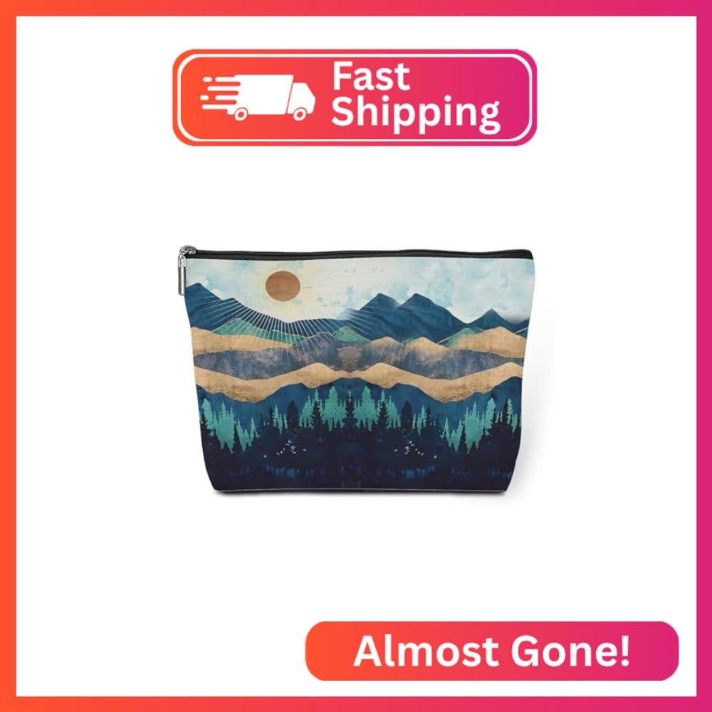 jeilink Watercolor Makeup Bag Mountain Sunshine Print -Blue Funny Christmas Birt