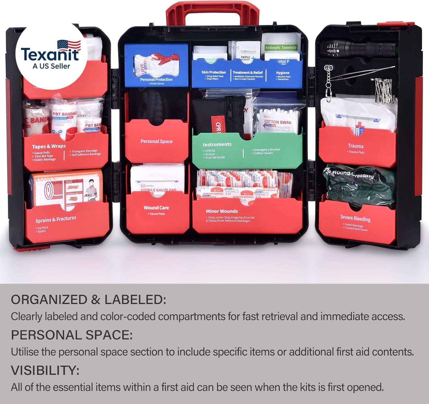 Hard Case First Aid Kit 408 Pcs – Wall Mountable Trauma Kit for Car, Home, Offic