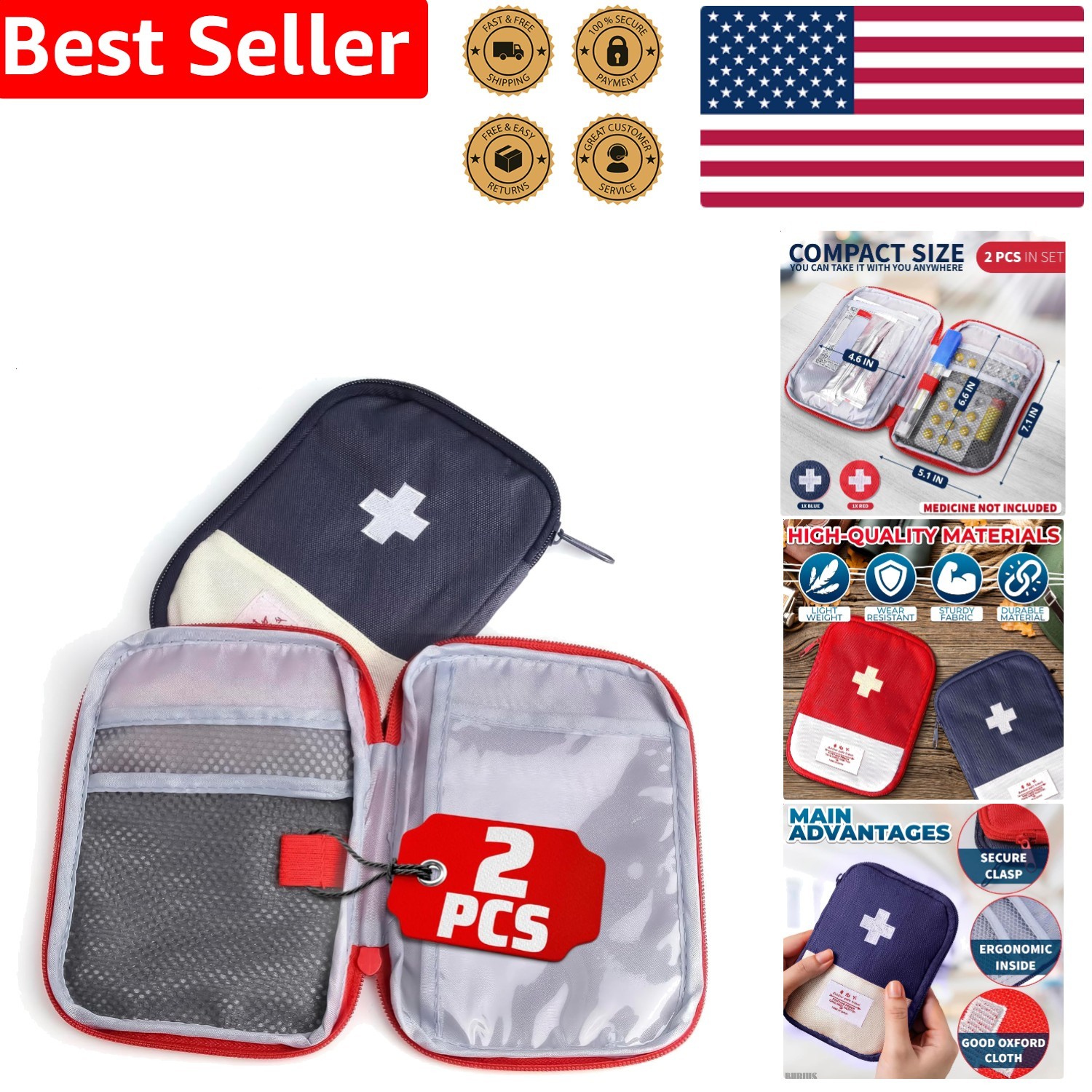 2 Pcs Empty First Aid Bag Travel Portable Medical Pouch Zipper Closure Red Blue