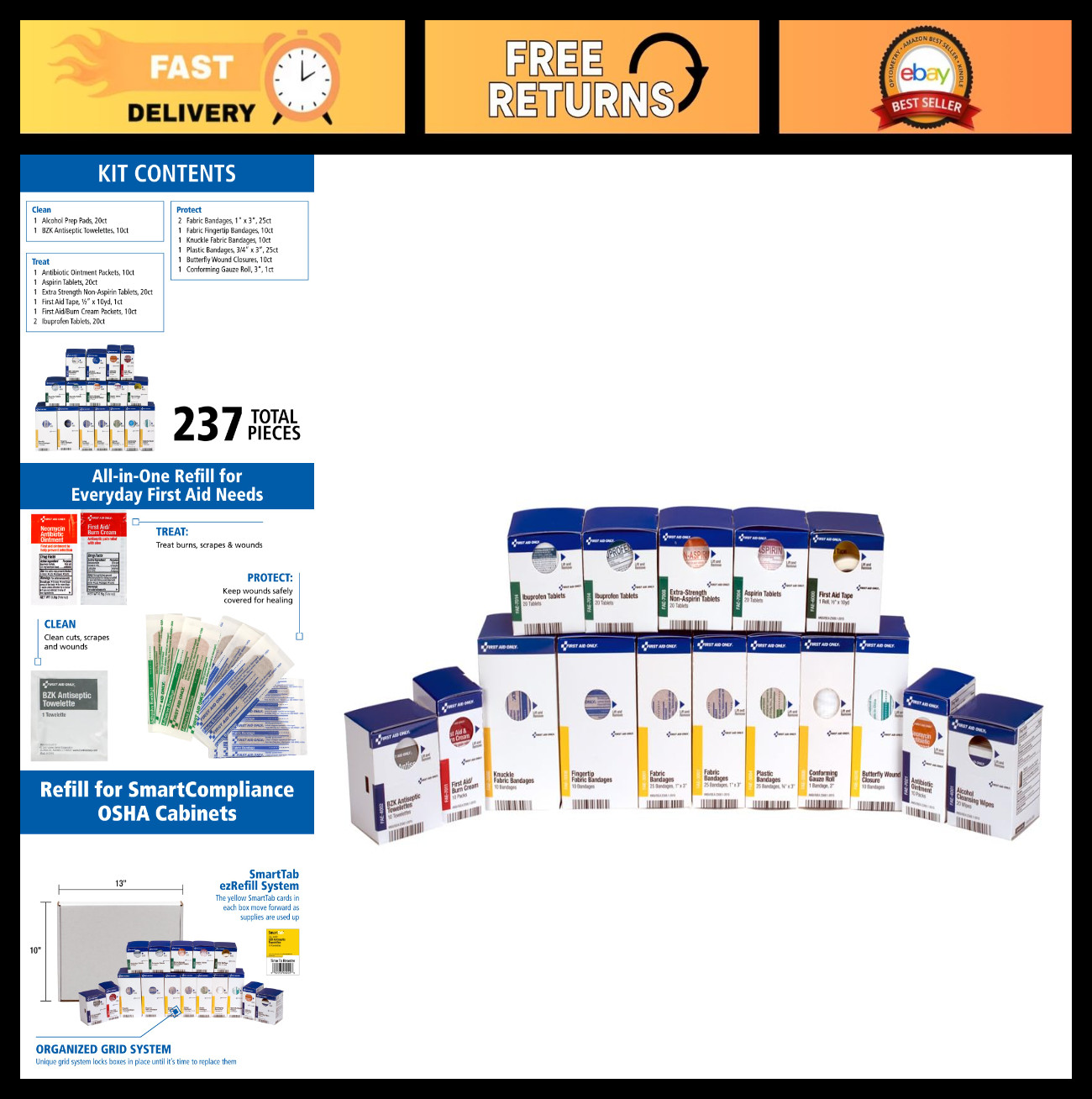 50-Person First Aid Kit Refill Supplies – 237 Pieces for Home, Office & Worksite