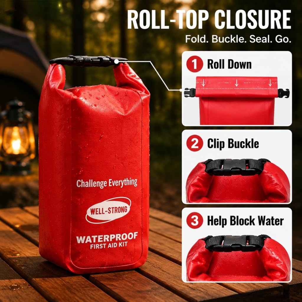 Waterproof Marine First Aid Kit Roll Top Emergency Kit for Boating Camping Red