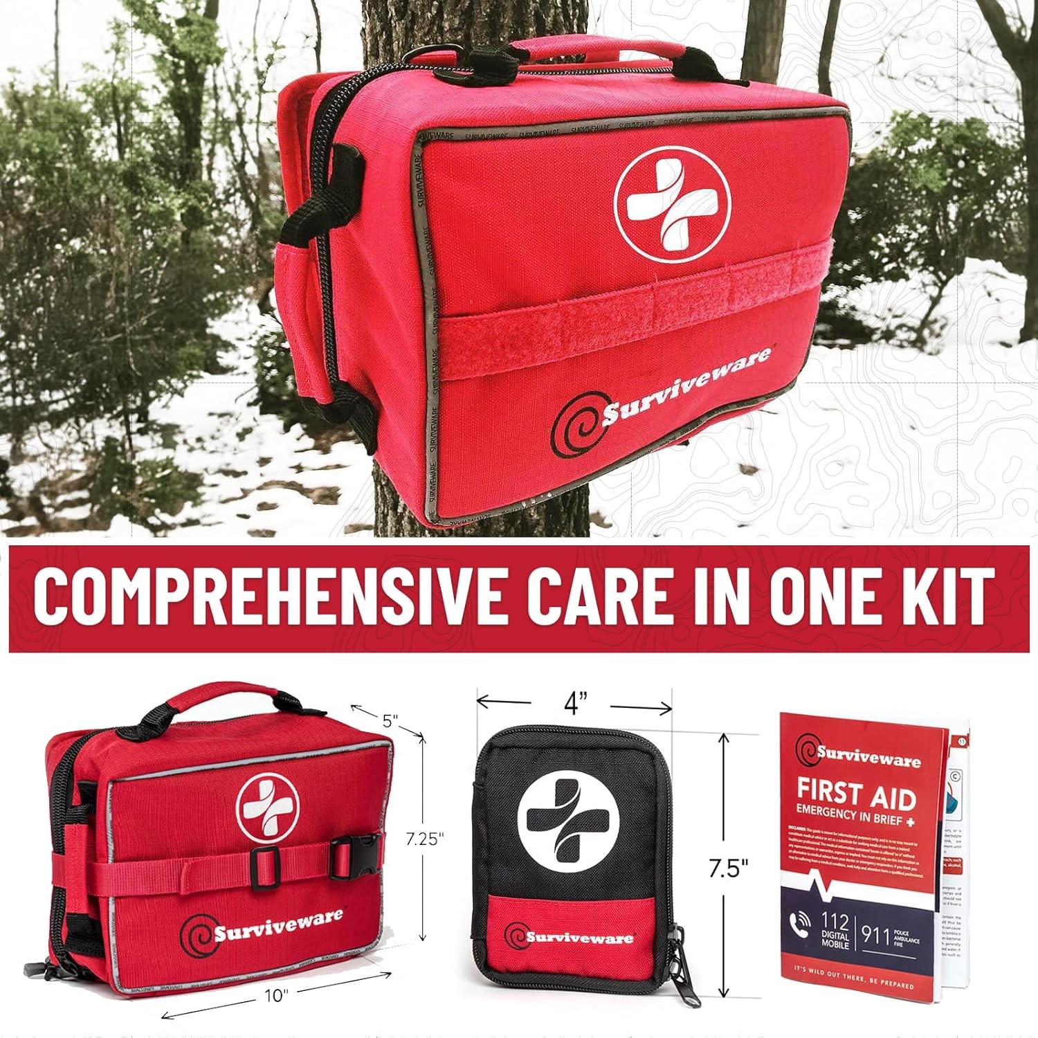Surviveware 238 Pcs Comprehensive Premium Survival First Aid Kit – Red