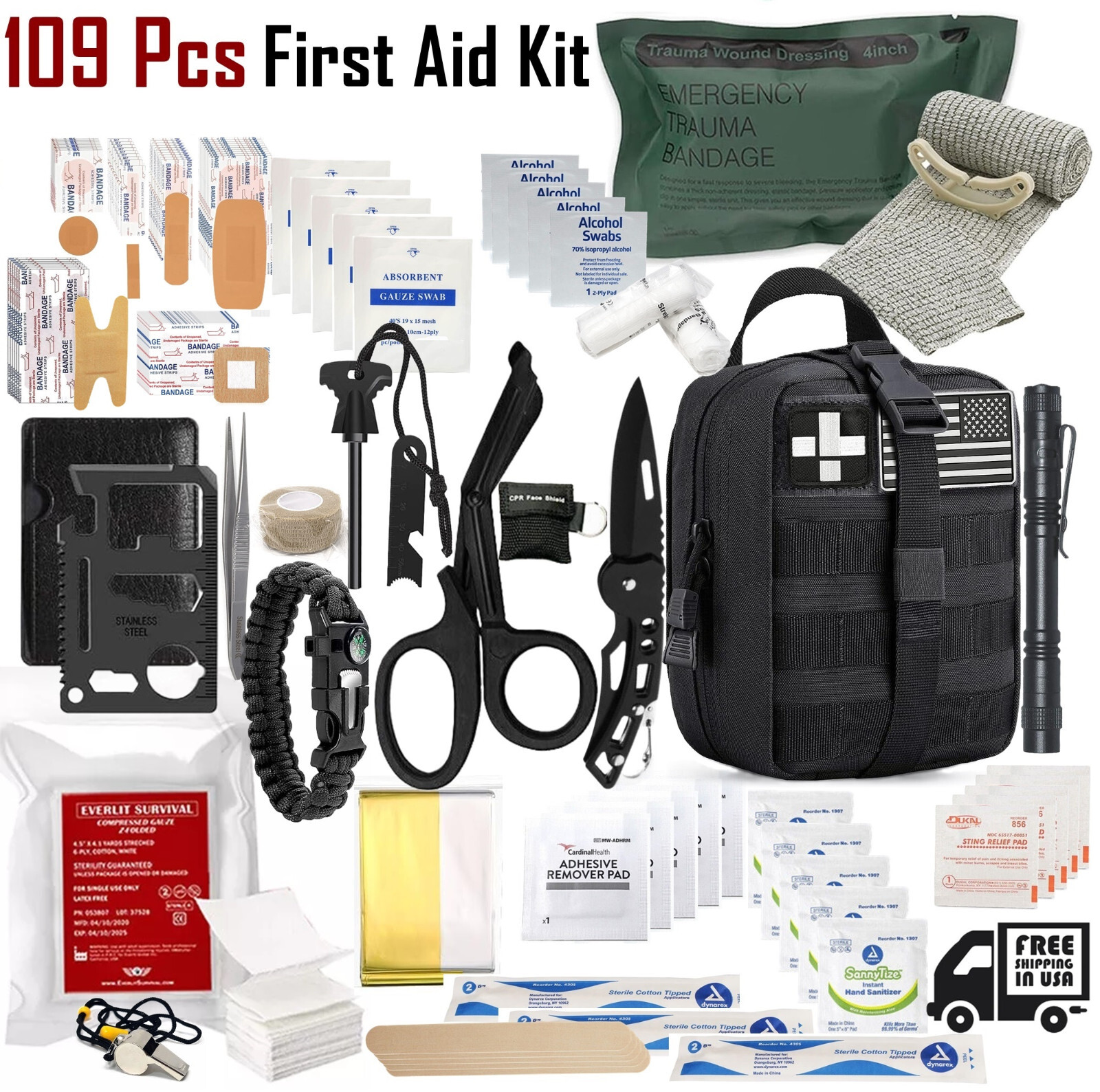 Survival Medical Bag First Aid Kit 109-Piece Emergency Car Auto Outdoor Travel