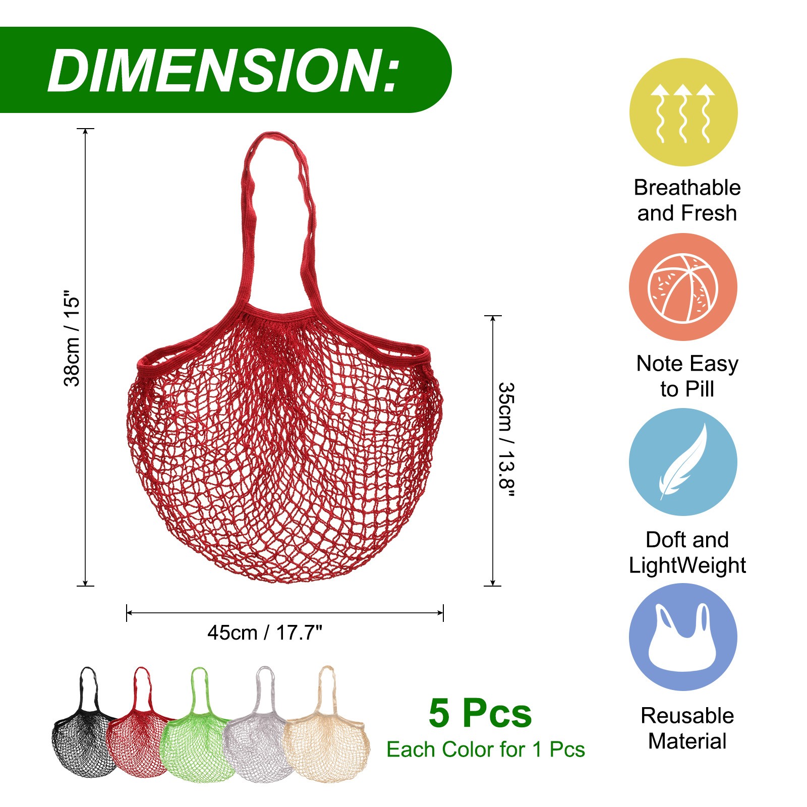 Reusable Mesh Produce Storage Bags Set of 5Pcs,Multicolor, Short Handle