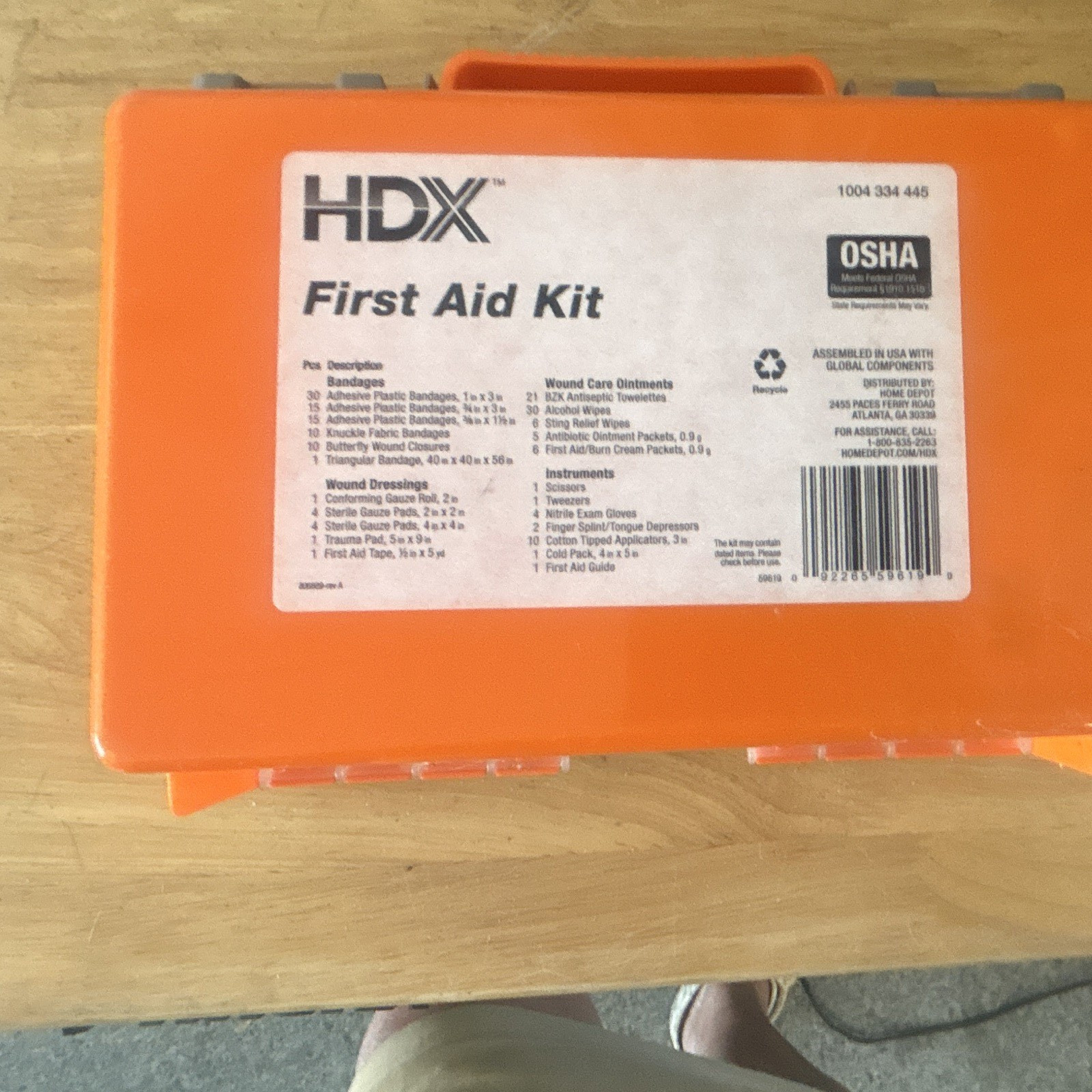 HDX 180-Piece OSHA Portable First Aid Kit Hard Case, Orange/Clear