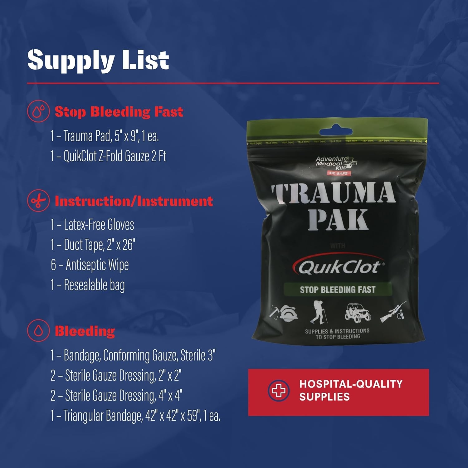 Adventure Medical Kits Trauma Pak First Aid Kit QuikClot Sponge Black New