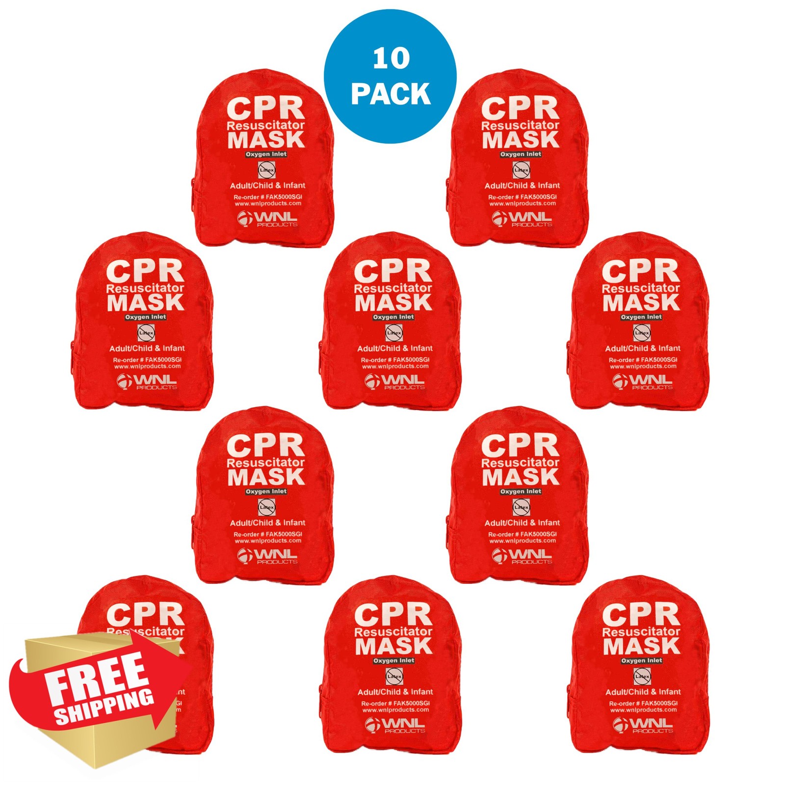 WNL Products CPR Rescue Masks, 10 Pack, Adult/Child/Infant Case