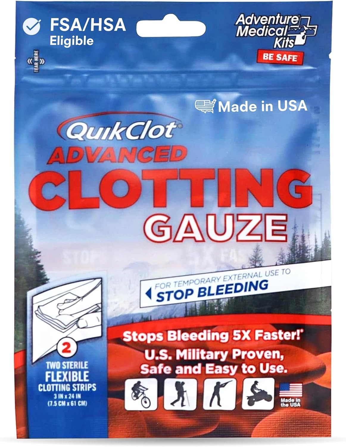 QuikClot Advanced Clotting Gauze – 5X Faster Bleeding Control, 3×24 in, 2 Strips