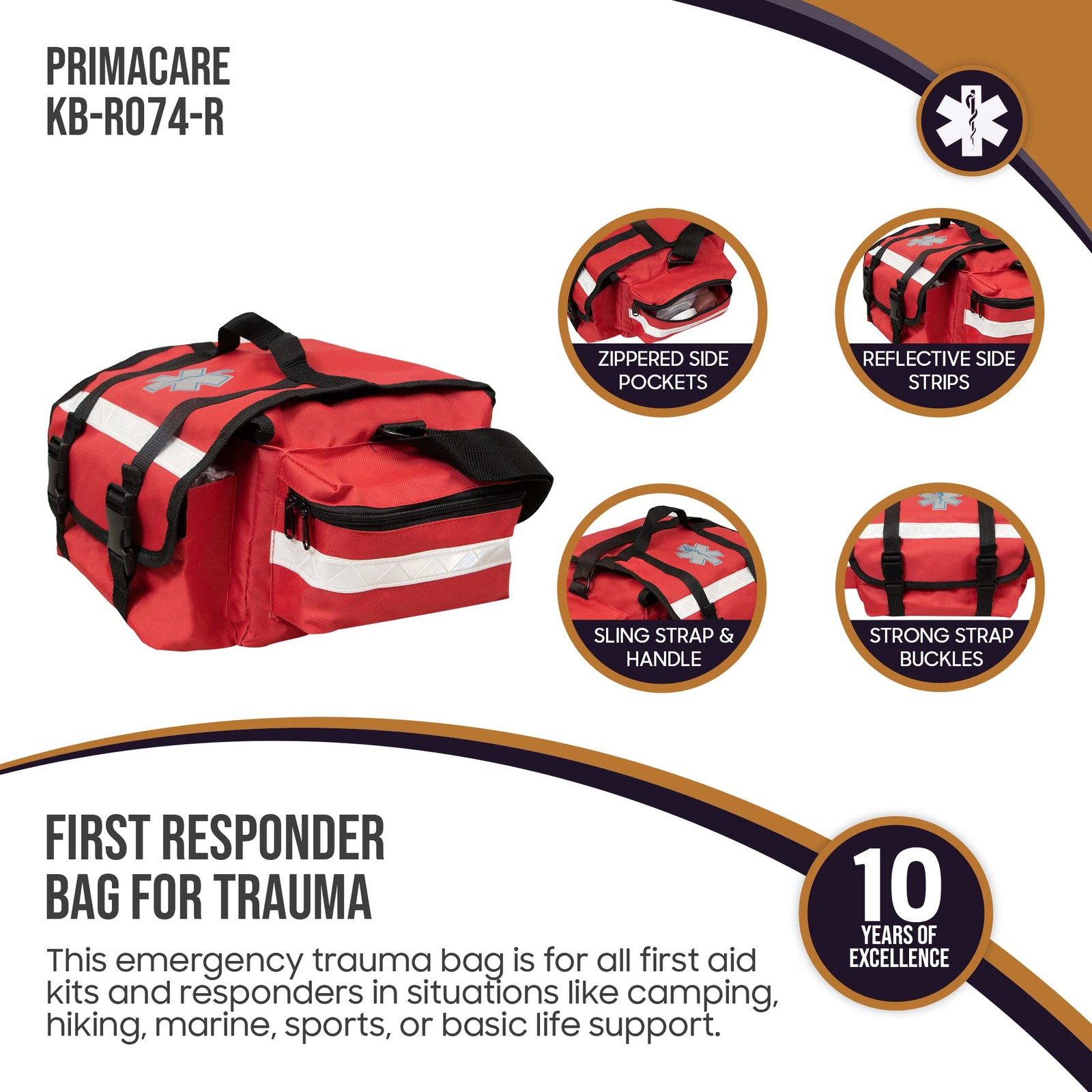 Primacare KB-RO74-R First Responder Trauma Bag, 17 x 9 x 7, Red — EMT/EMS
