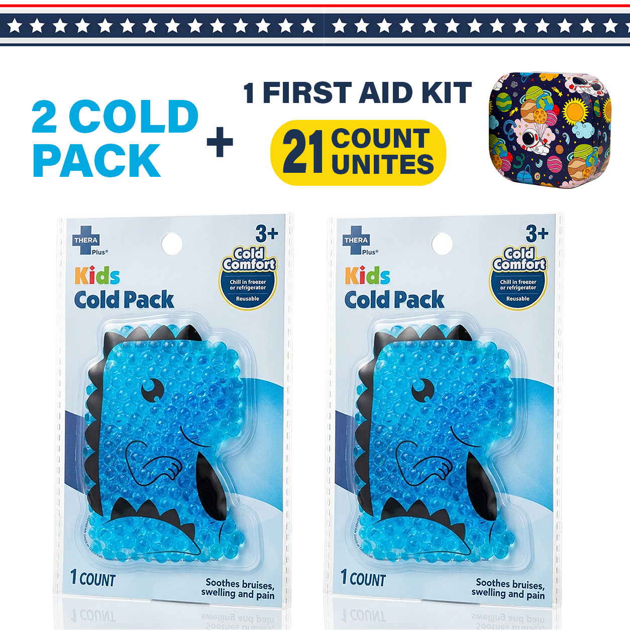 21pc Kids First Aid Kit + 2pc Dinosaur Cold Packs Space Emergency Kit