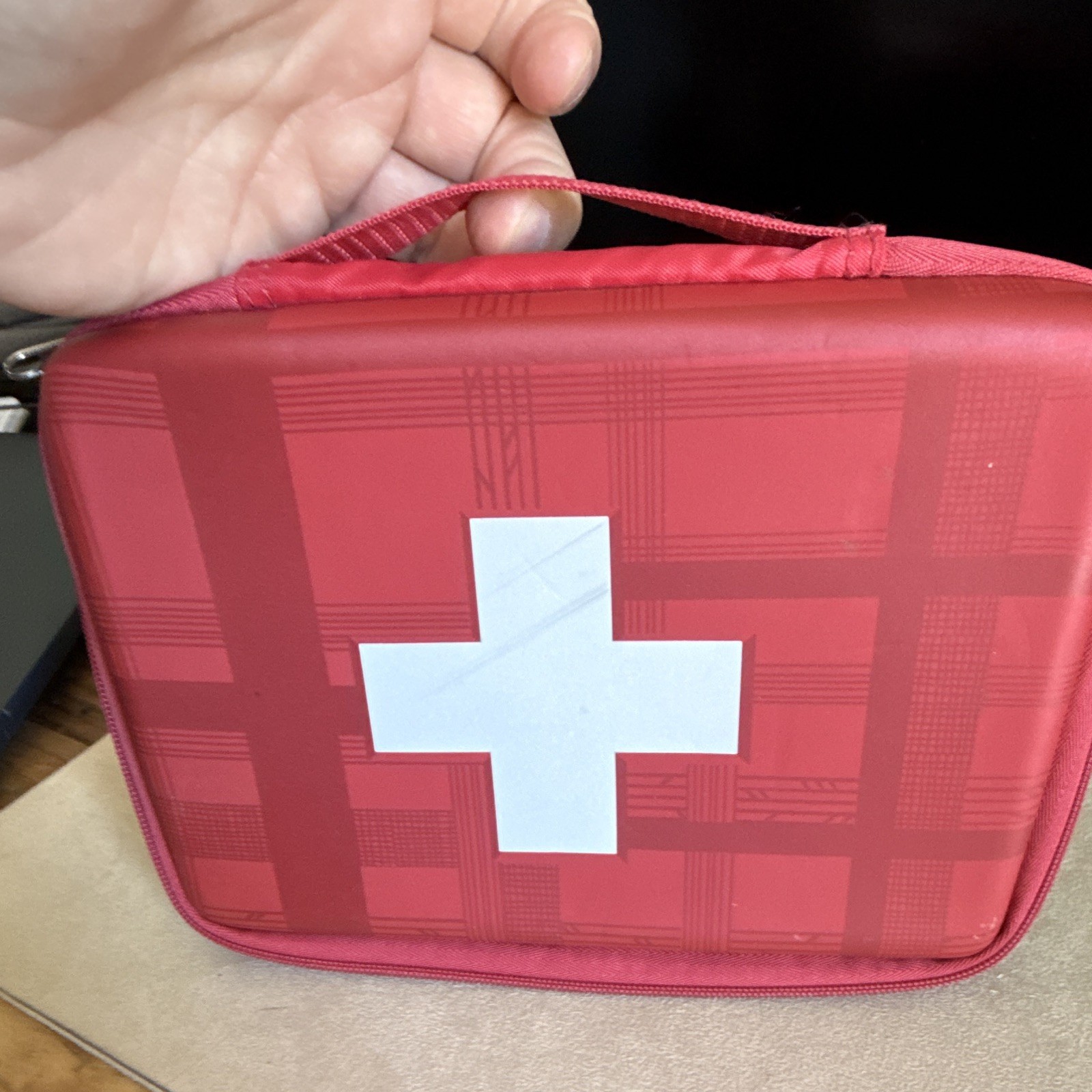 Red Portable First Aid Kit Bag with Zipper Closure, White Cross Symbol