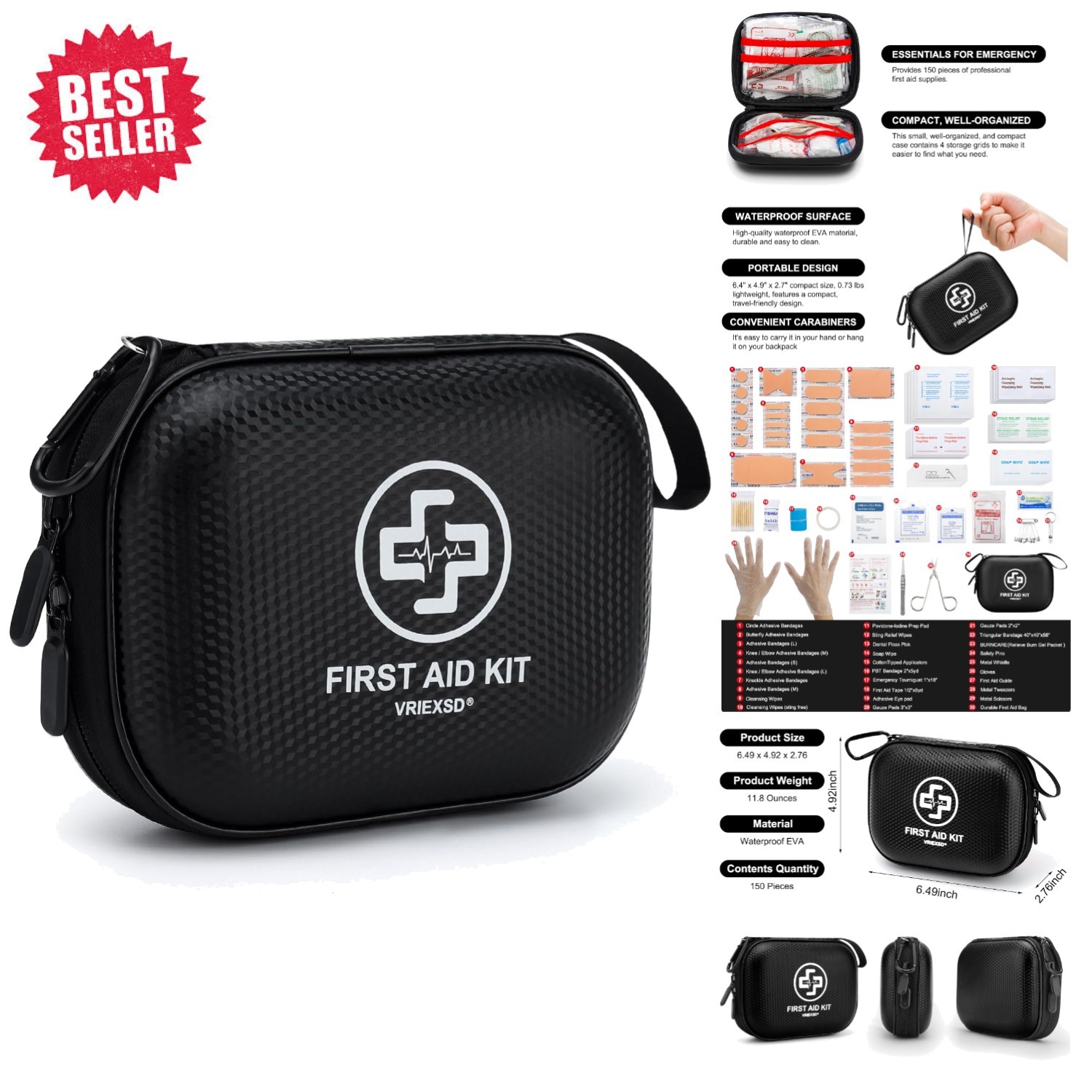 150-Piece Hard Shell First Aid Kit – Waterproof & Lightweight for Home or Travel