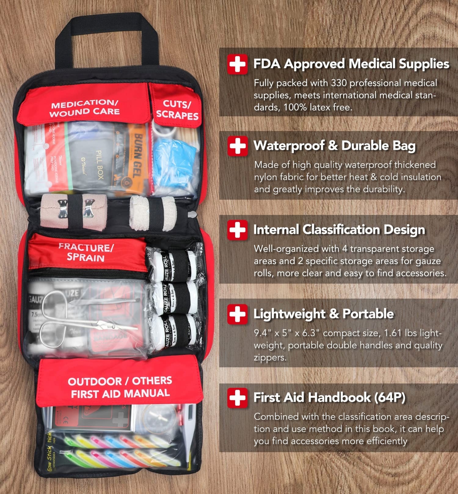 330 Piece First Aid Kit, Premium Waterproof Compact Trauma Medical Kits for A…